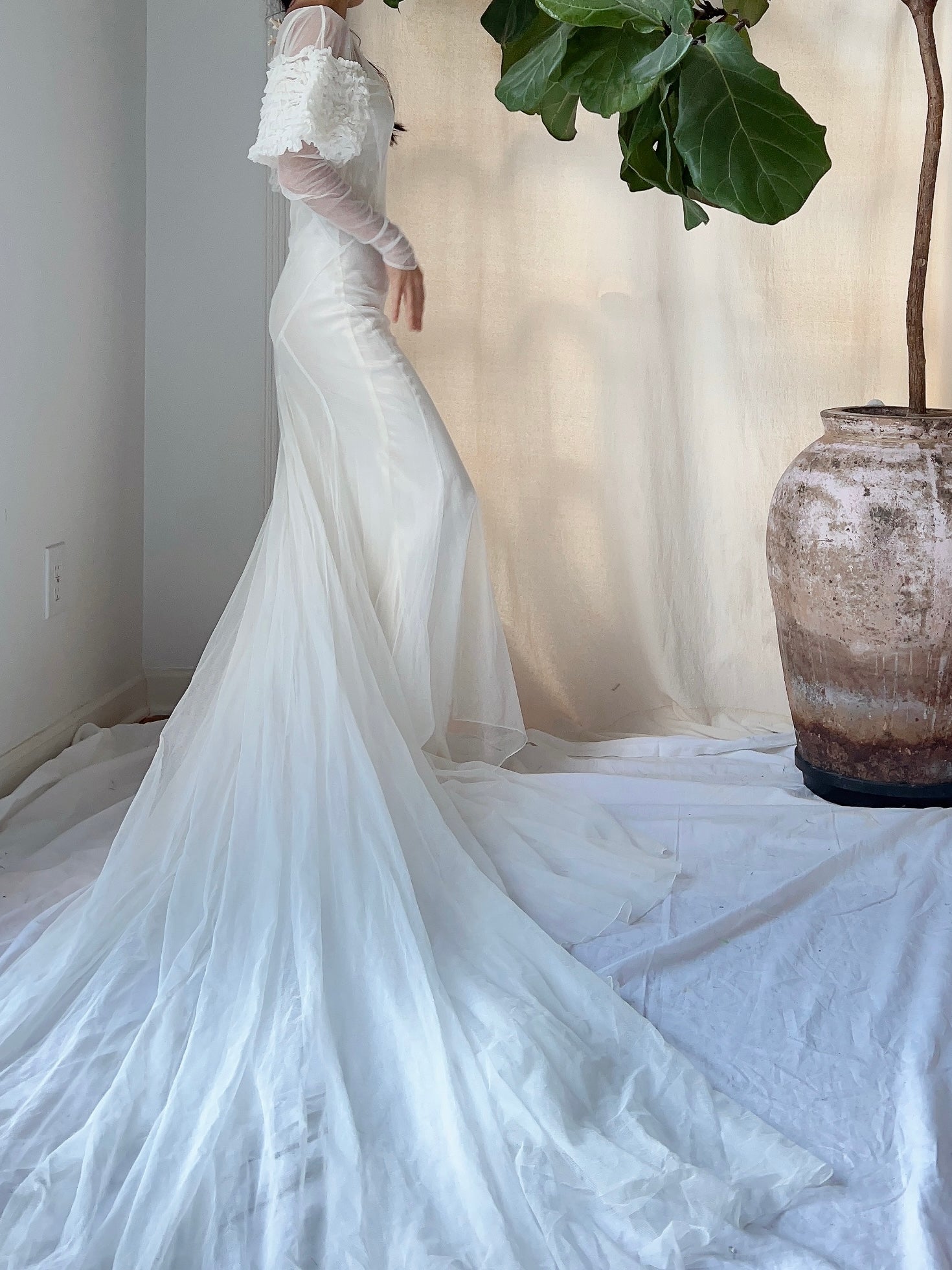 1930s Tulle Puff Sleeves Gown - XS