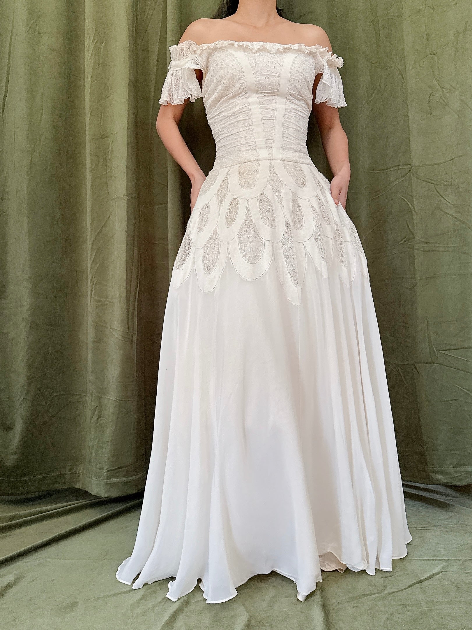 1950s Chiffon & Lace Dress - S