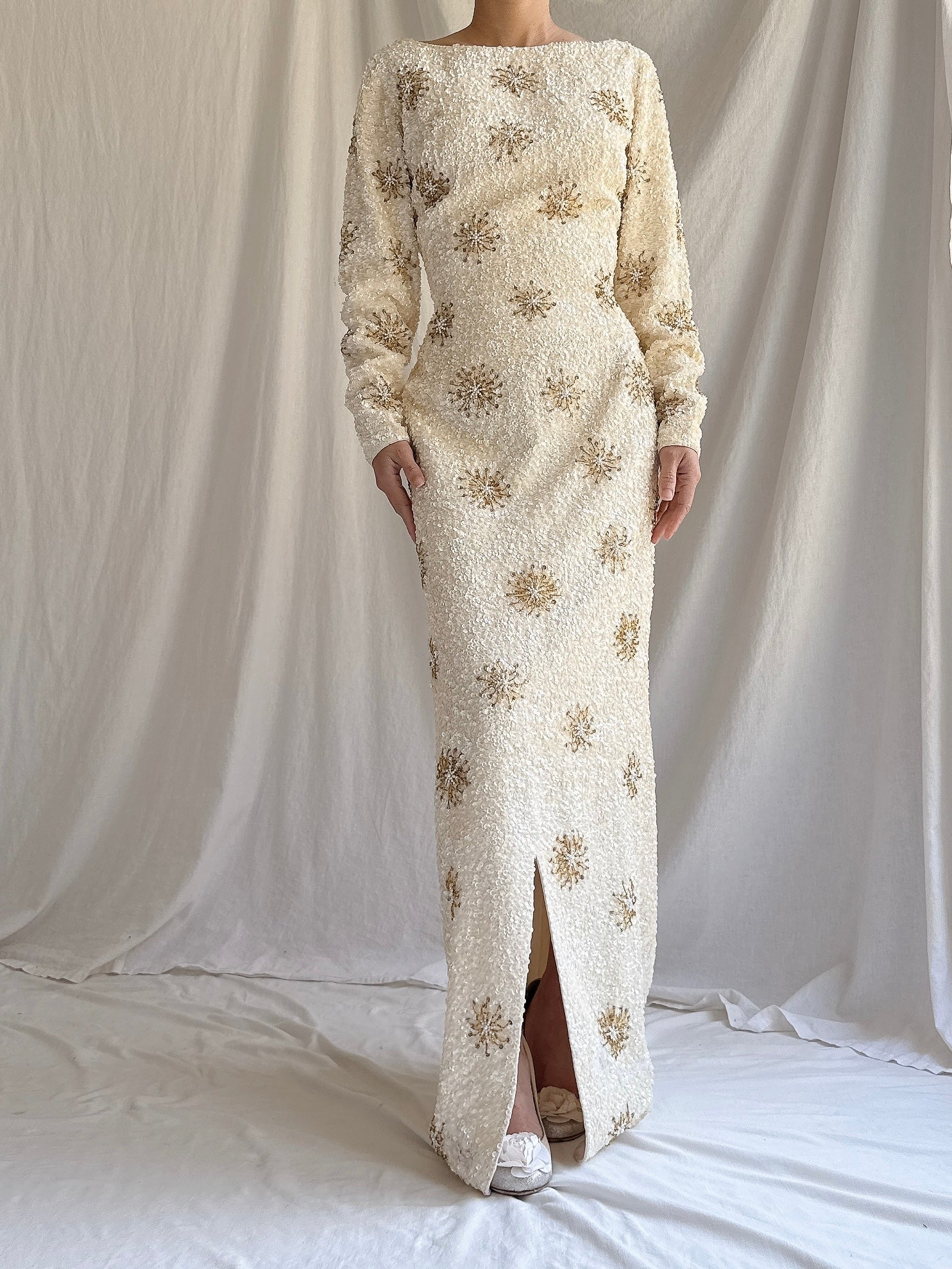 1960s Ivory Beaded Dress - M