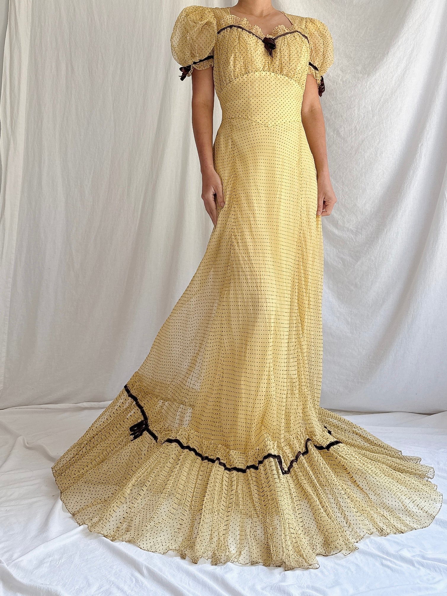 1930s/40s Organdy Flocked Gown - S