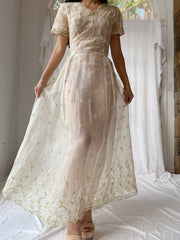 1940s Organdy Embroidered Dress - XS
