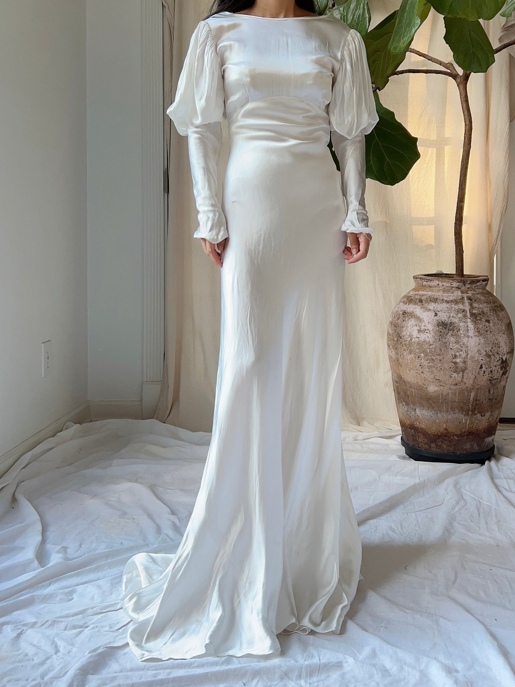 1930s Satin Puff Sleeve Dress - XS