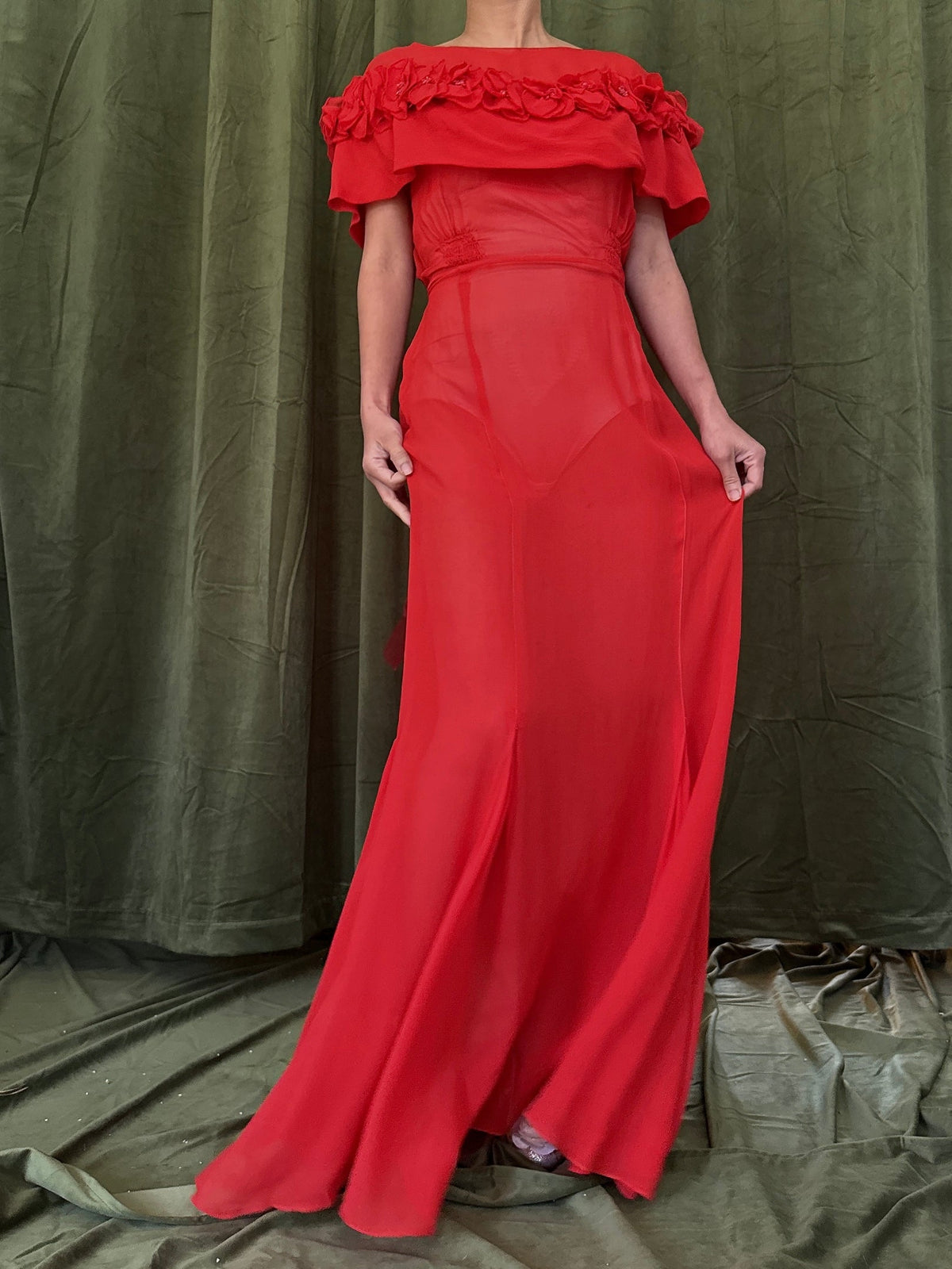 1930s Silk Chiffon Poppy Dress - S