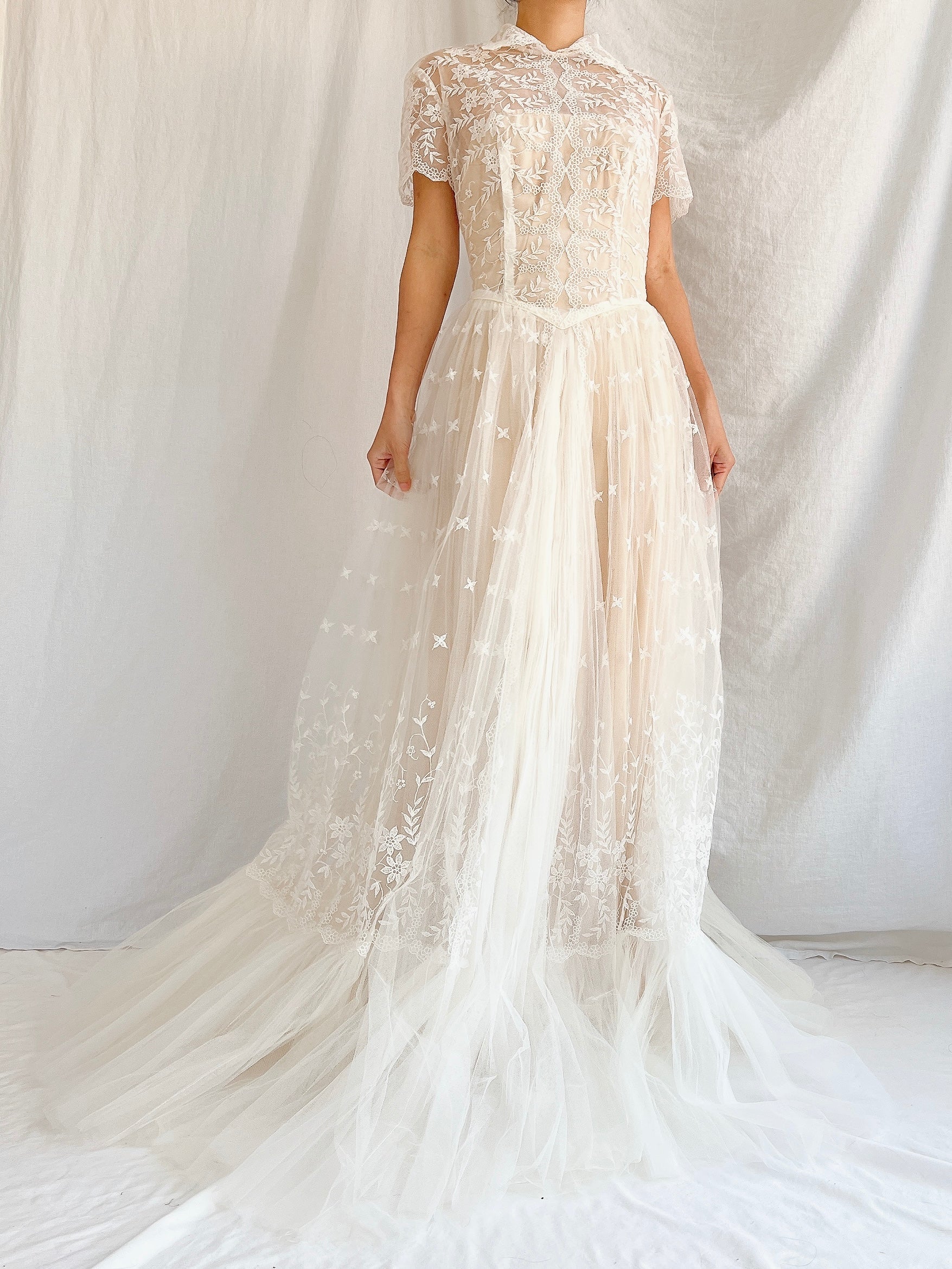 1950s Sheer Embroidered Tulle Gown - S