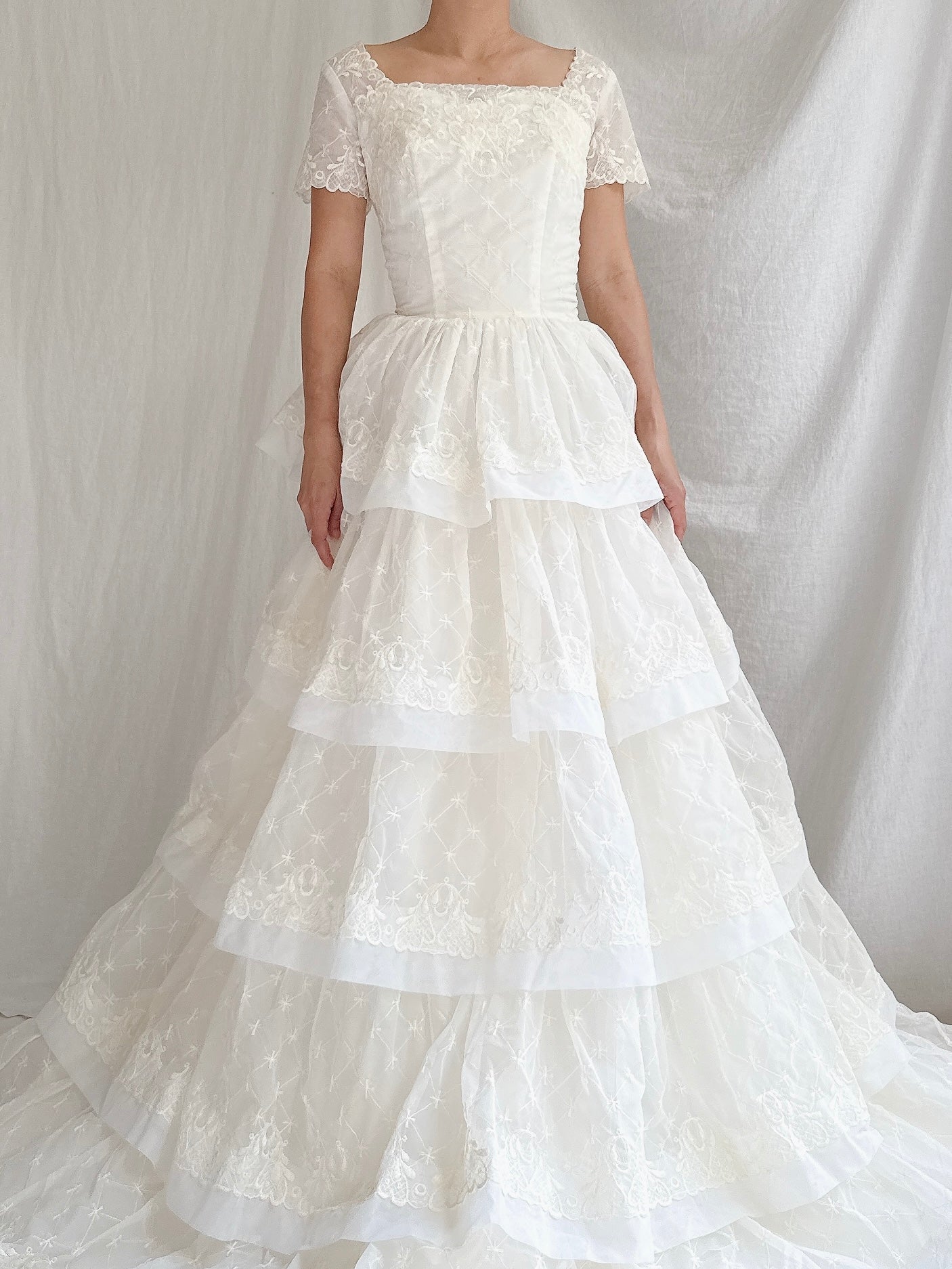 1950s Voile Embroidered Tiered Gown - XS