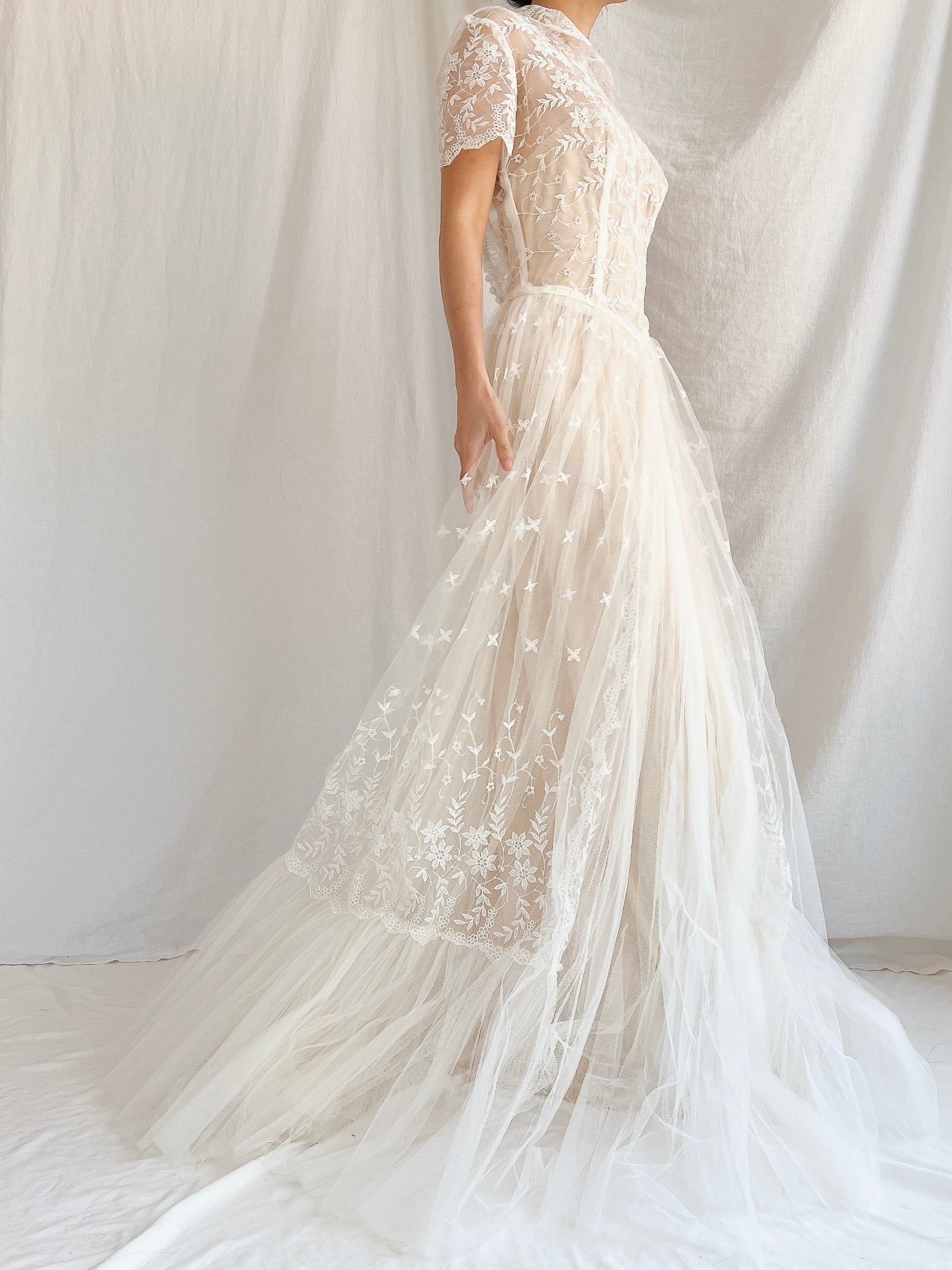1950s Sheer Embroidered Tulle Gown - S