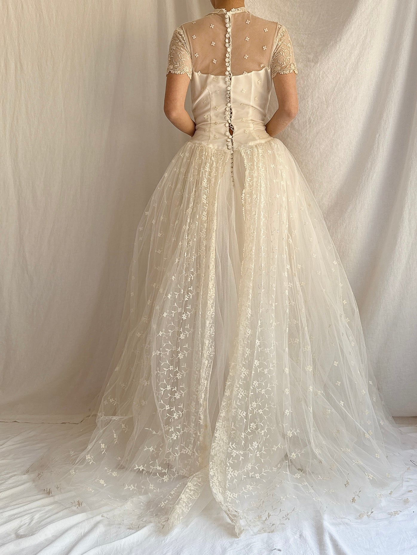 1950s Embroidered Tulle Dress - XS