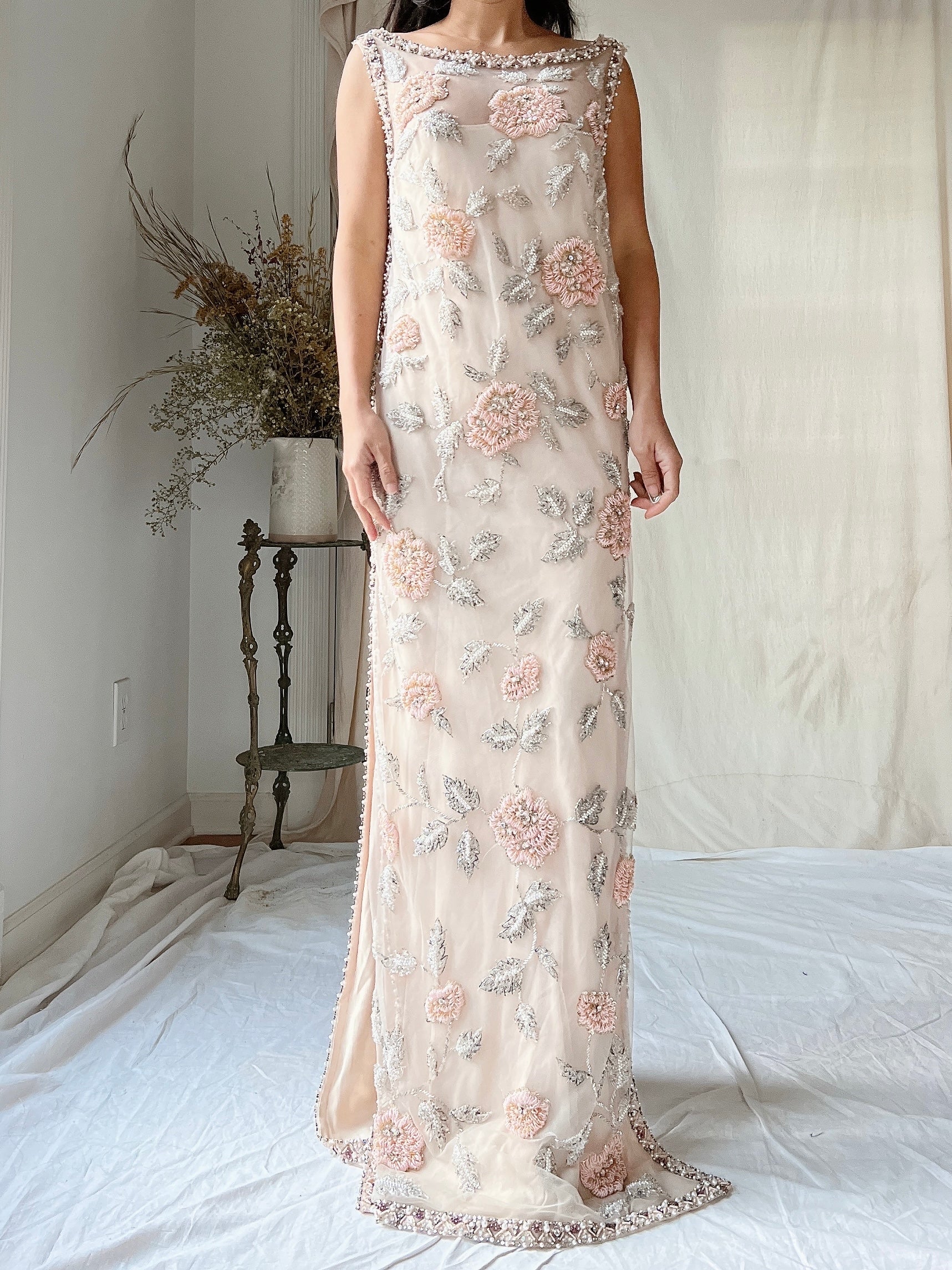 1960s Hand Beaded Tulle Dress - S/M