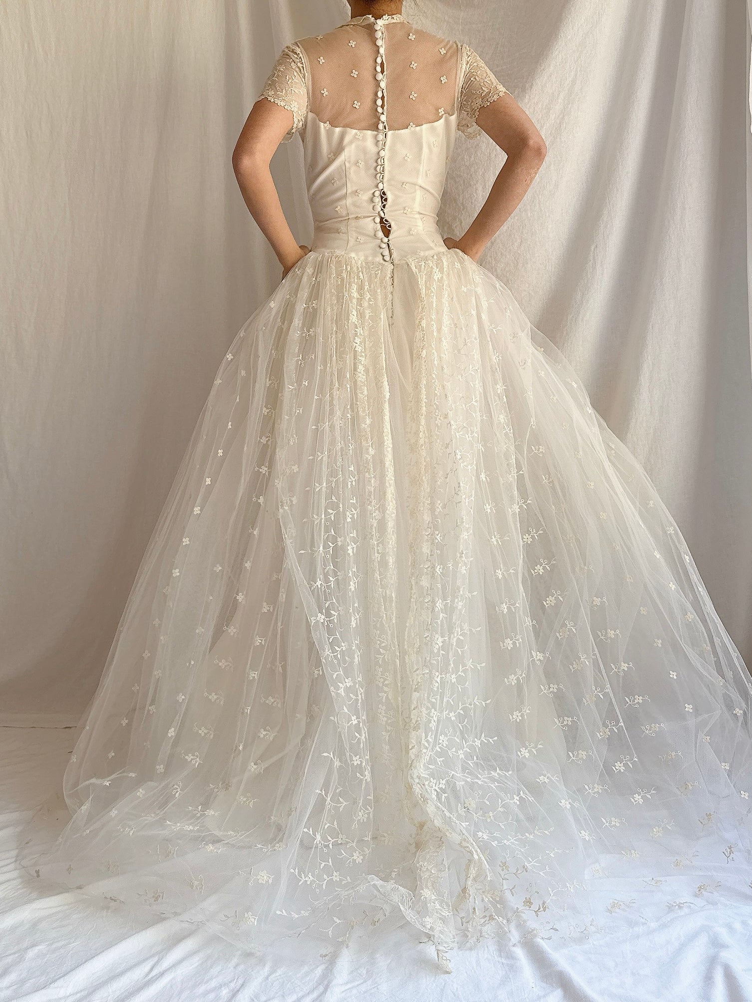 1950s Embroidered Tulle Dress - XS