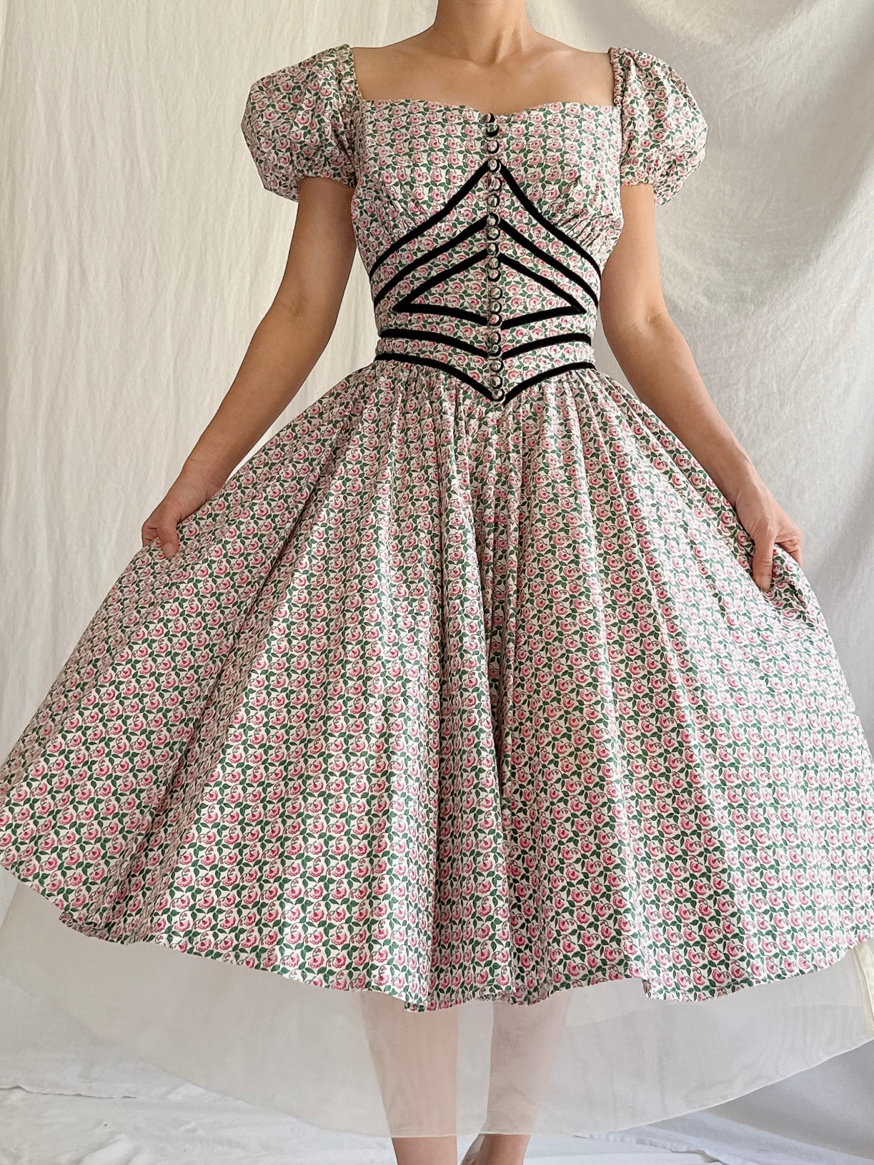 1950s Cotton Puff Sleeves Dress - XS