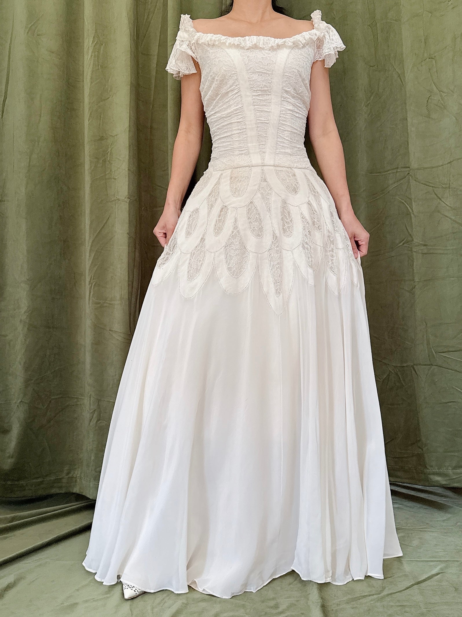 1950s Chiffon & Lace Dress - S