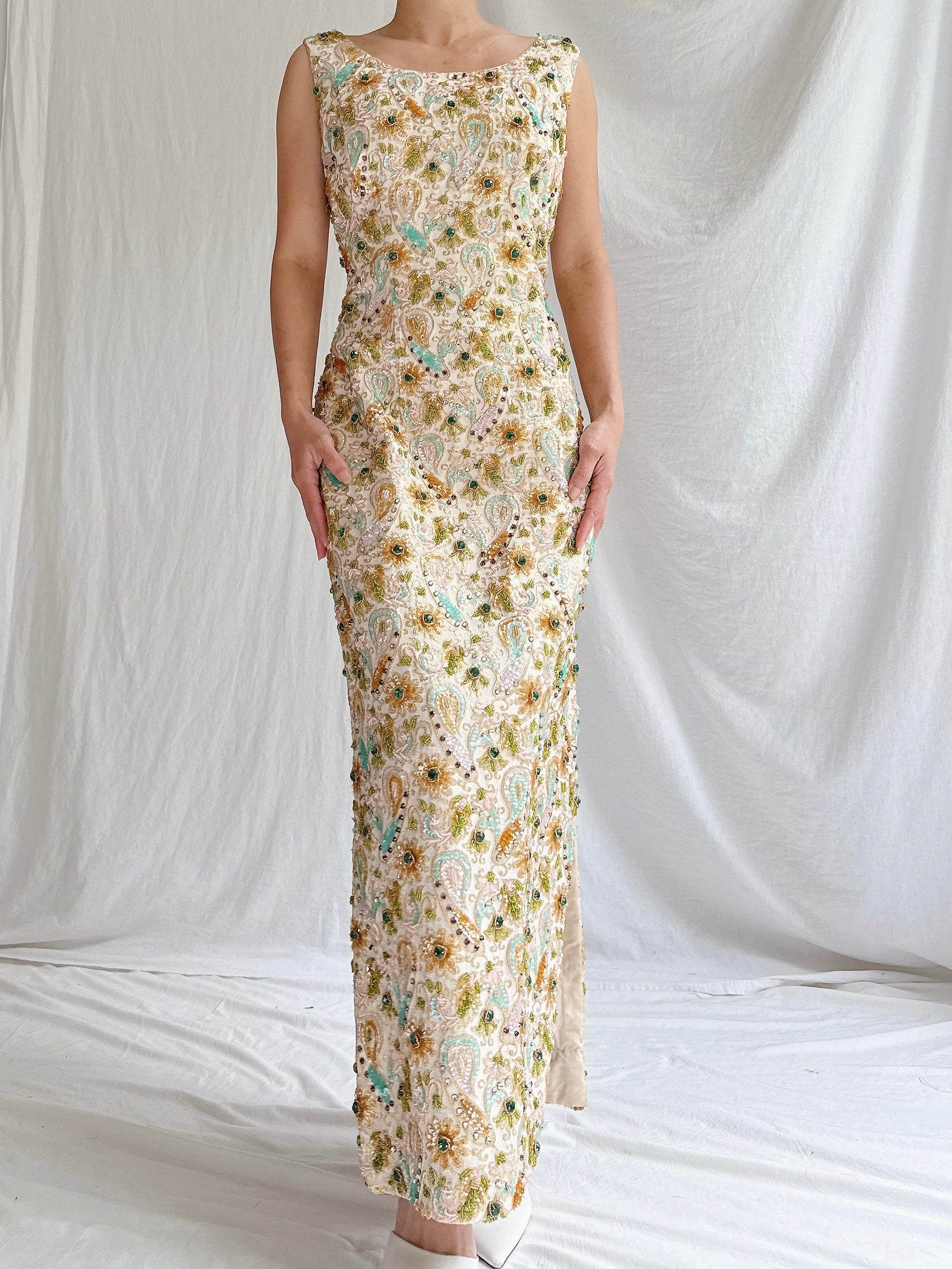 1960s Beaded Brocade Column Gown - M