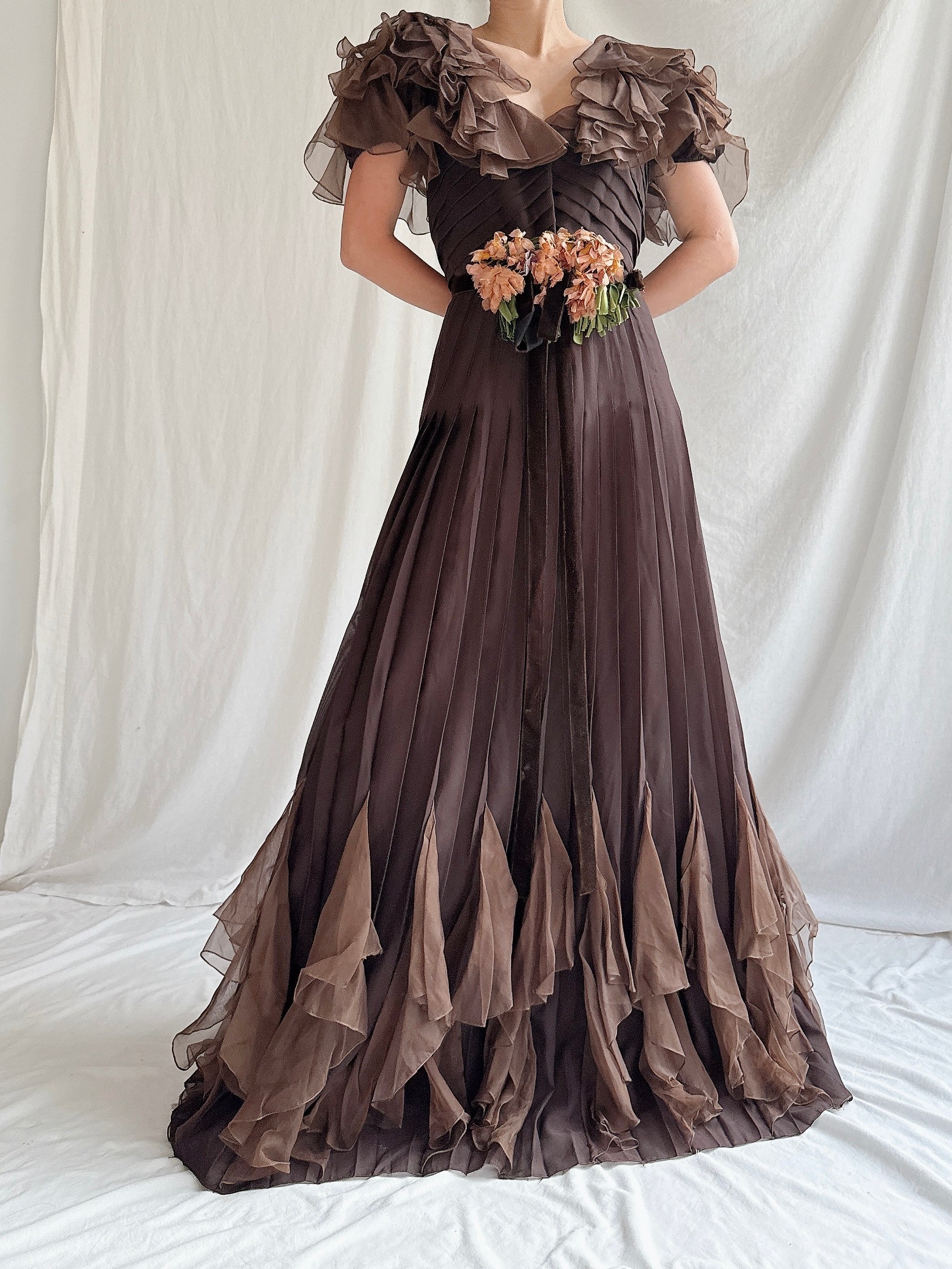 1930s Silk Chiffon and Organza Gown - S