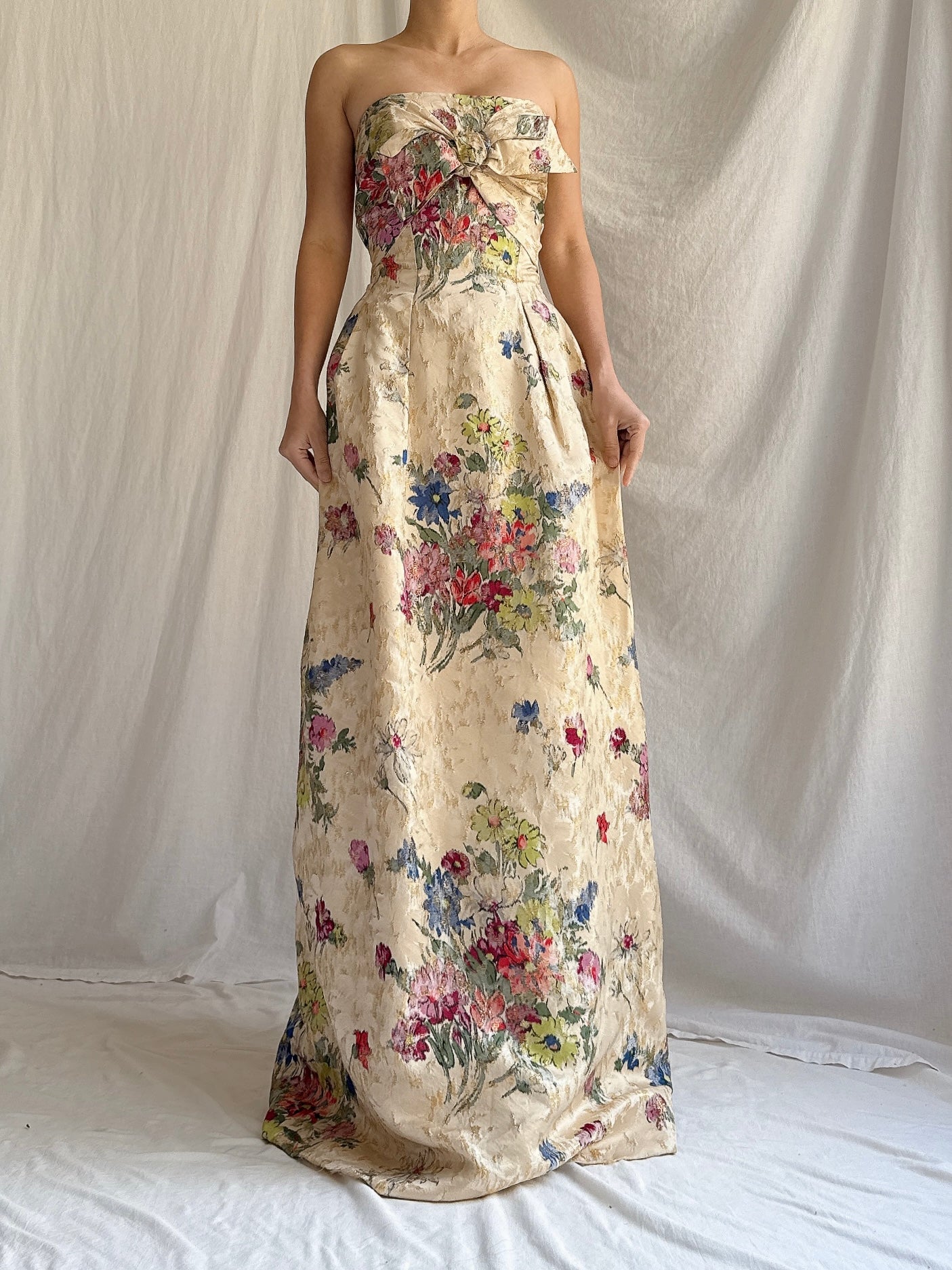 1950s Rare Silk Printed Brocade Gown - S/M