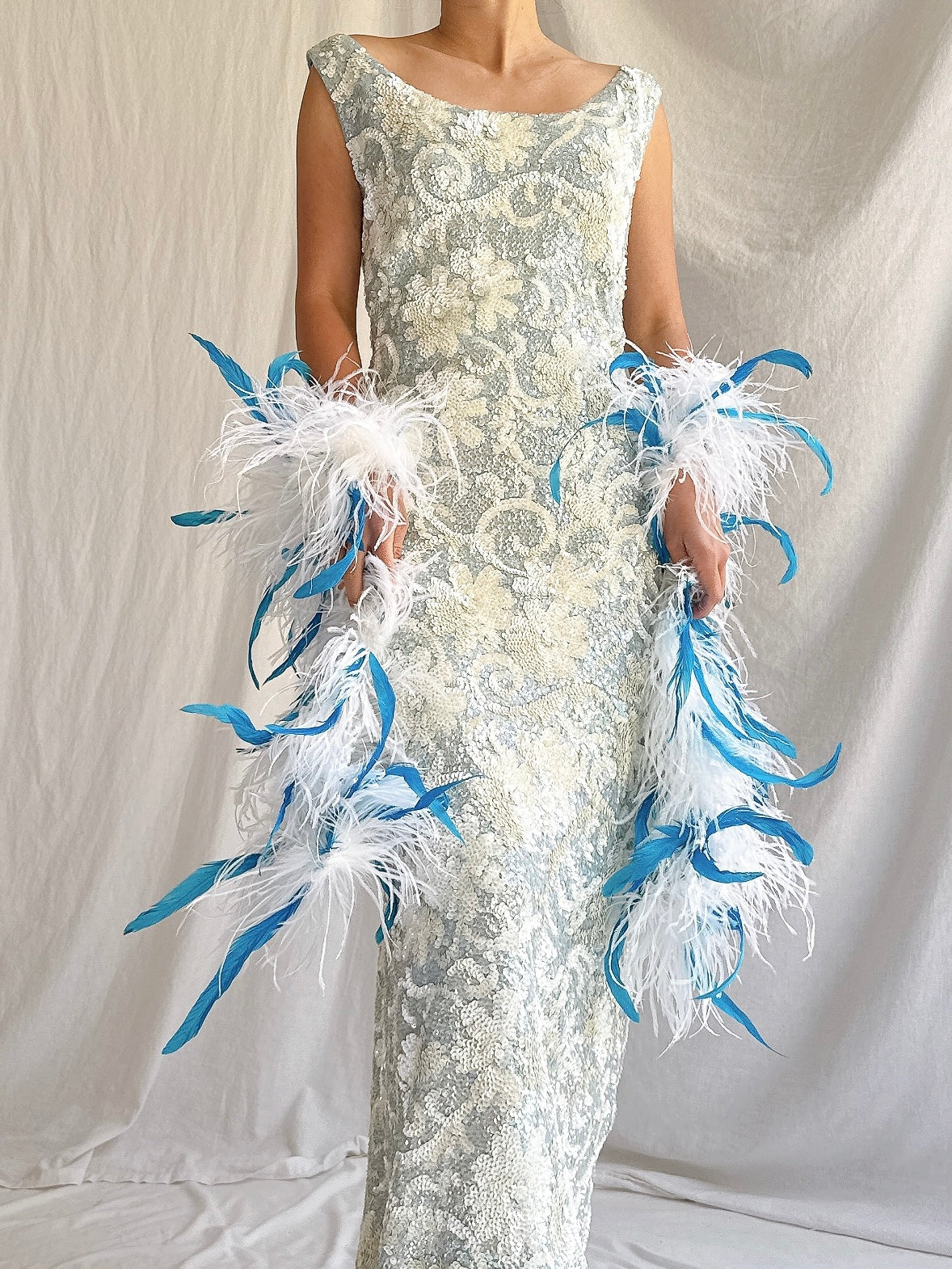 1960s Baby Blue Wool Sequins Gown - M