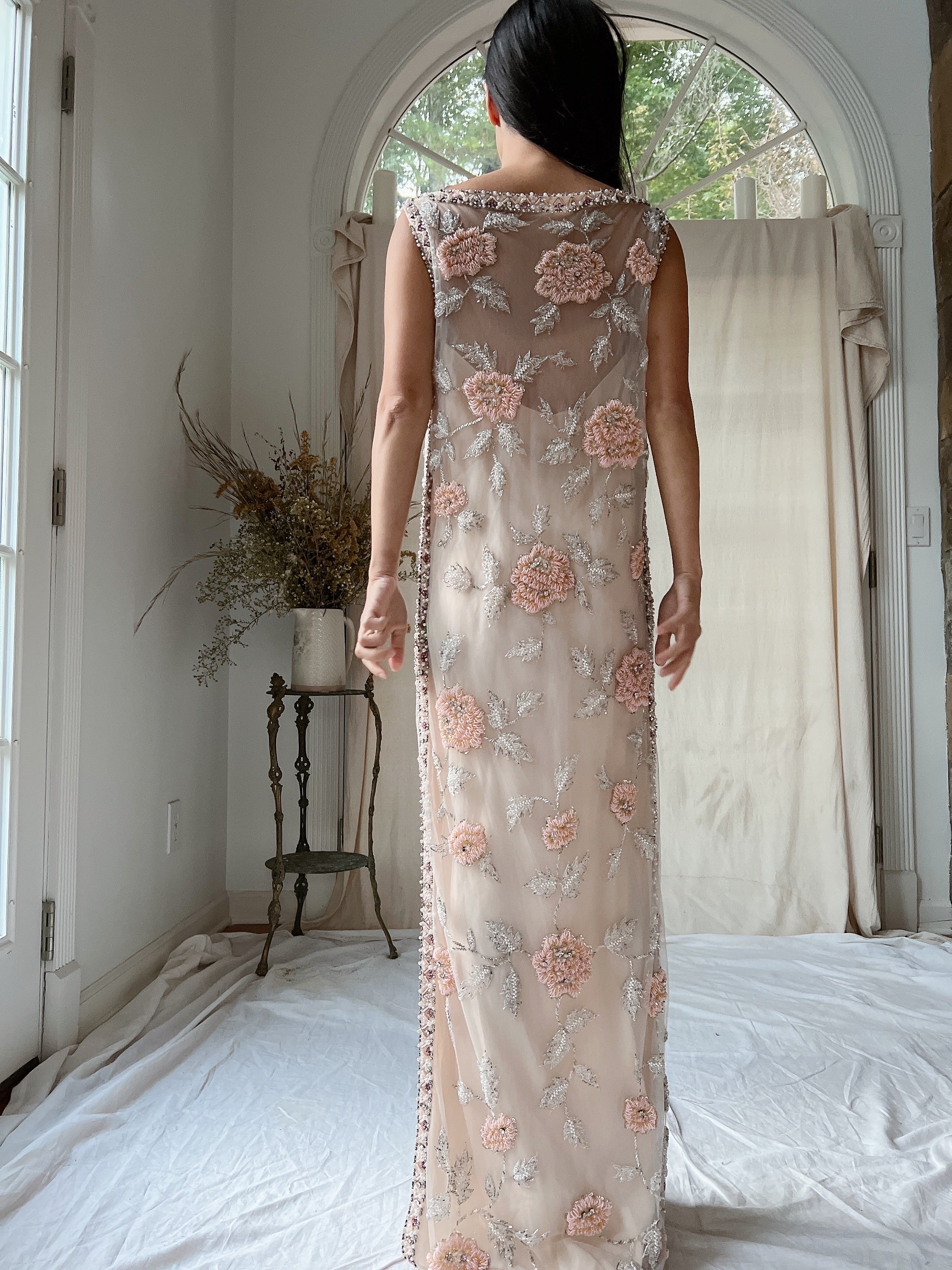 1960s Hand Beaded Tulle Dress - S/M