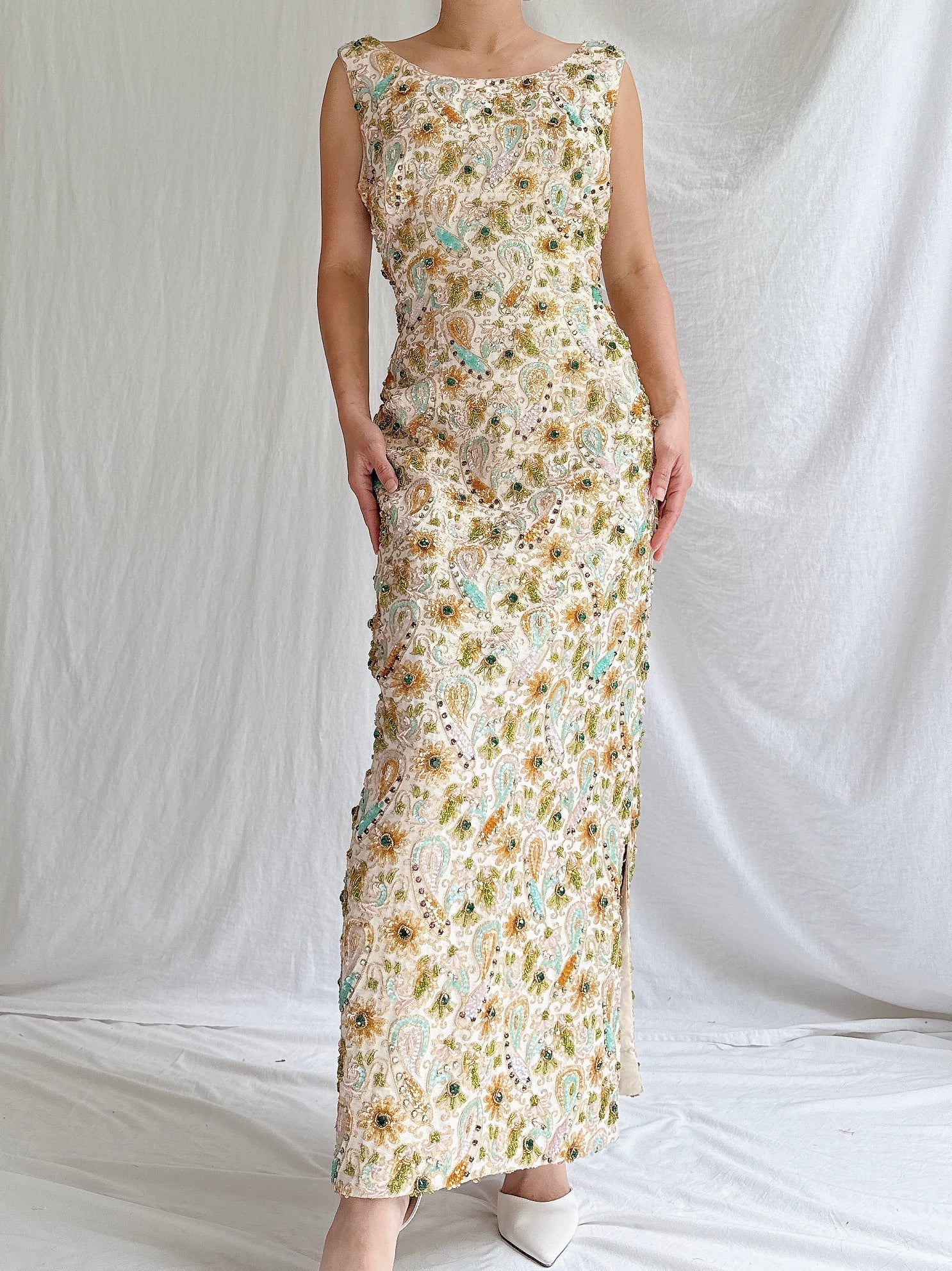 1960s Beaded Brocade Column Gown - M