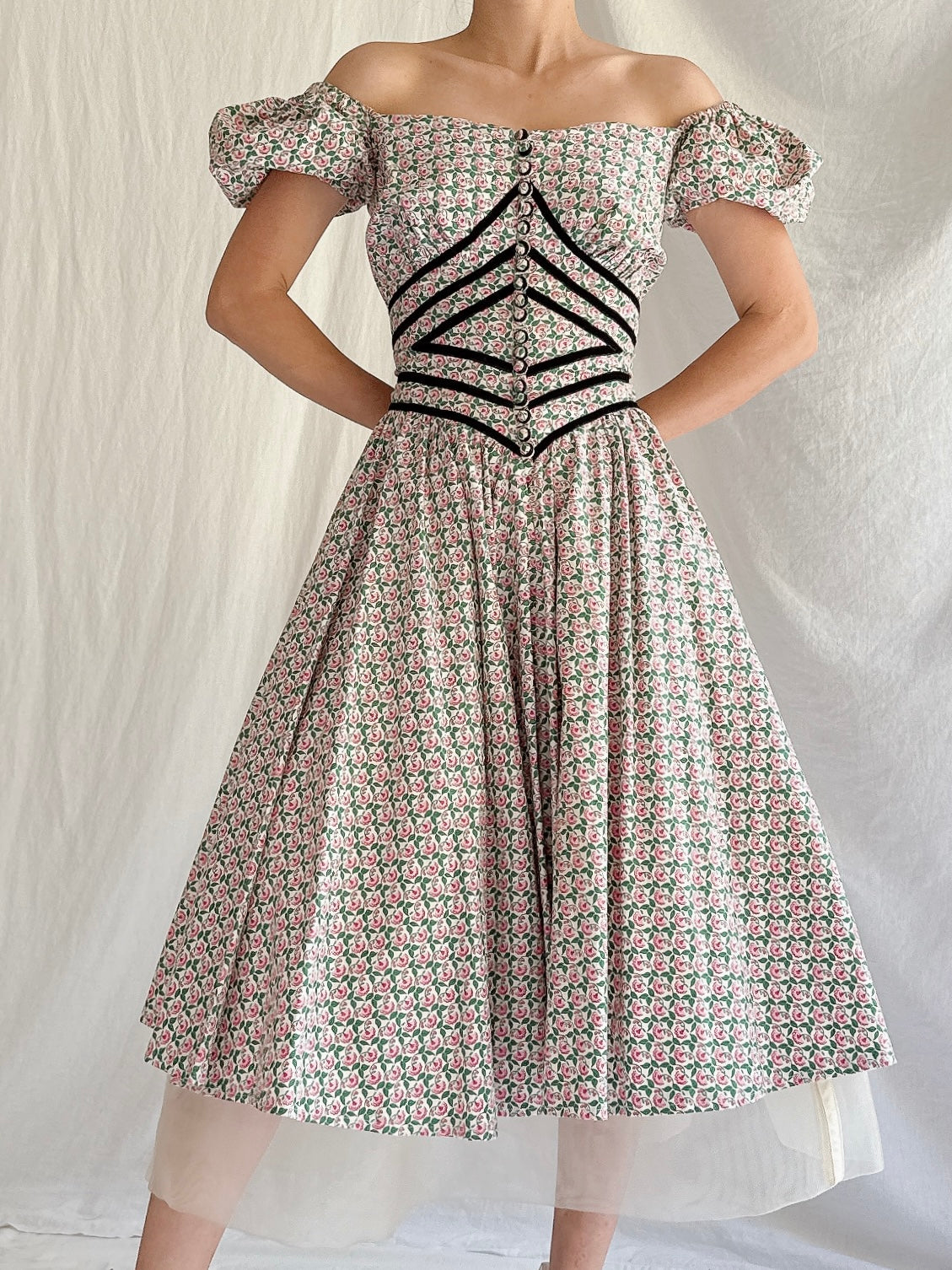 1950s Cotton Puff Sleeves Dress - XS