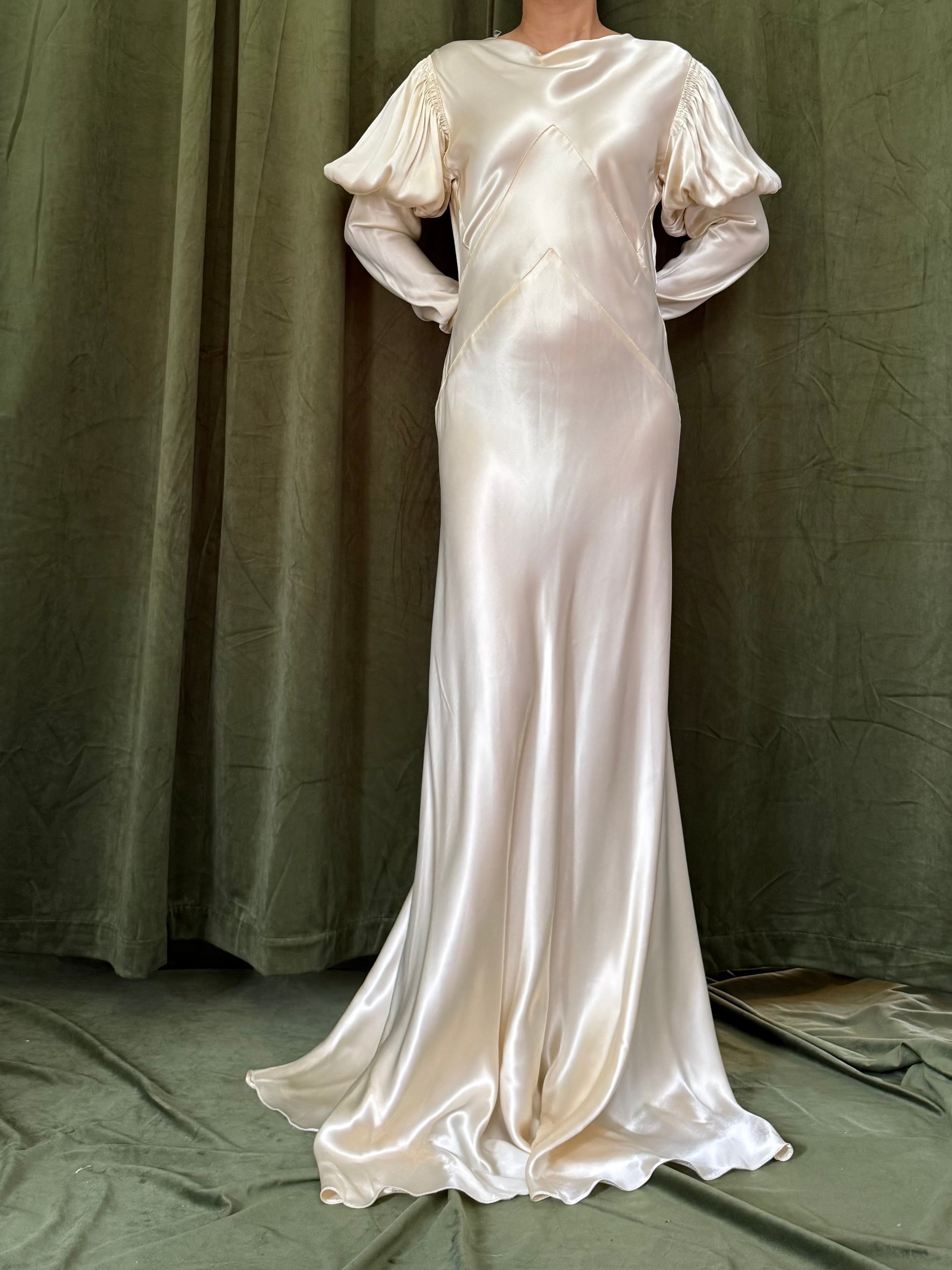 1930s Candelight Satin Puff Sleeve Gown - S