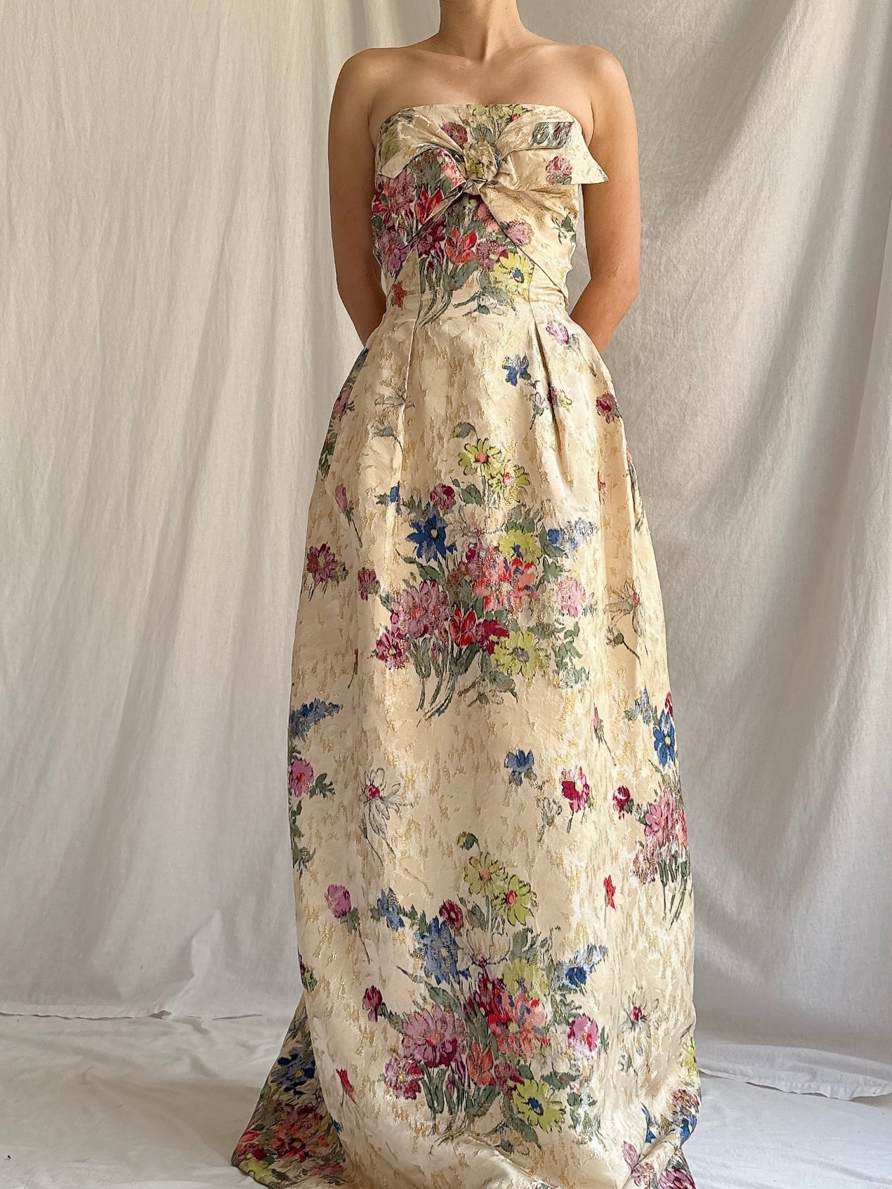 1950s Rare Silk Printed Brocade Gown - S/M