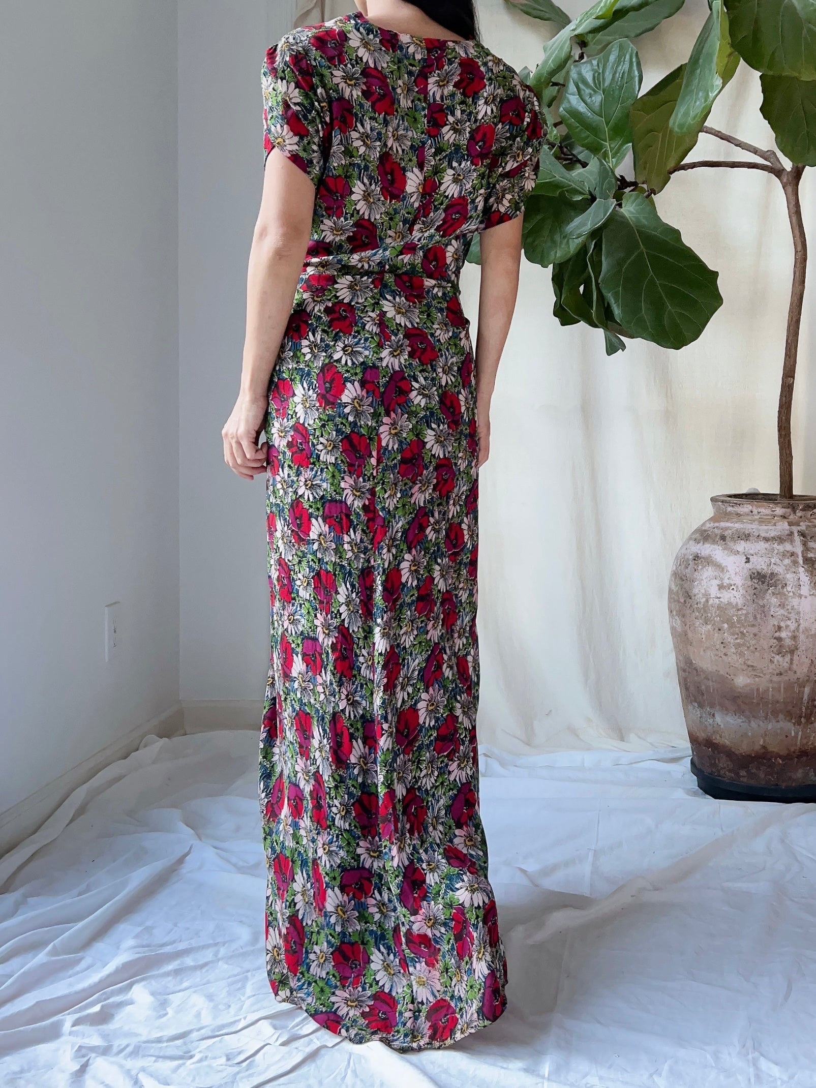 1930s Rayon Floral Dress - M