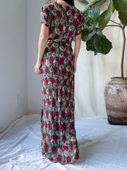 1930s Rayon Floral Dress - M