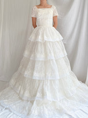 1950s Voile Embroidered Tiered Gown - XS