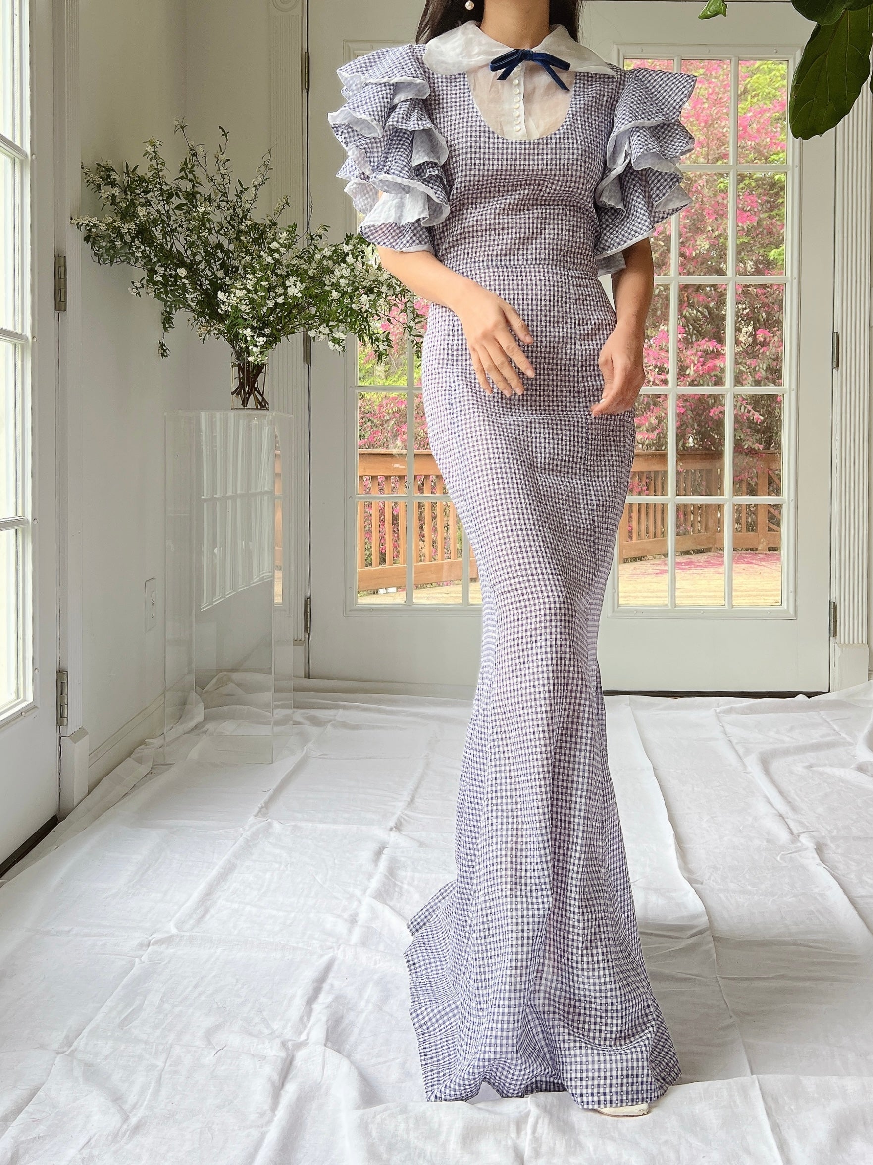 1930s Cotton and Organza Flutter Sleeve Gown - XS/S