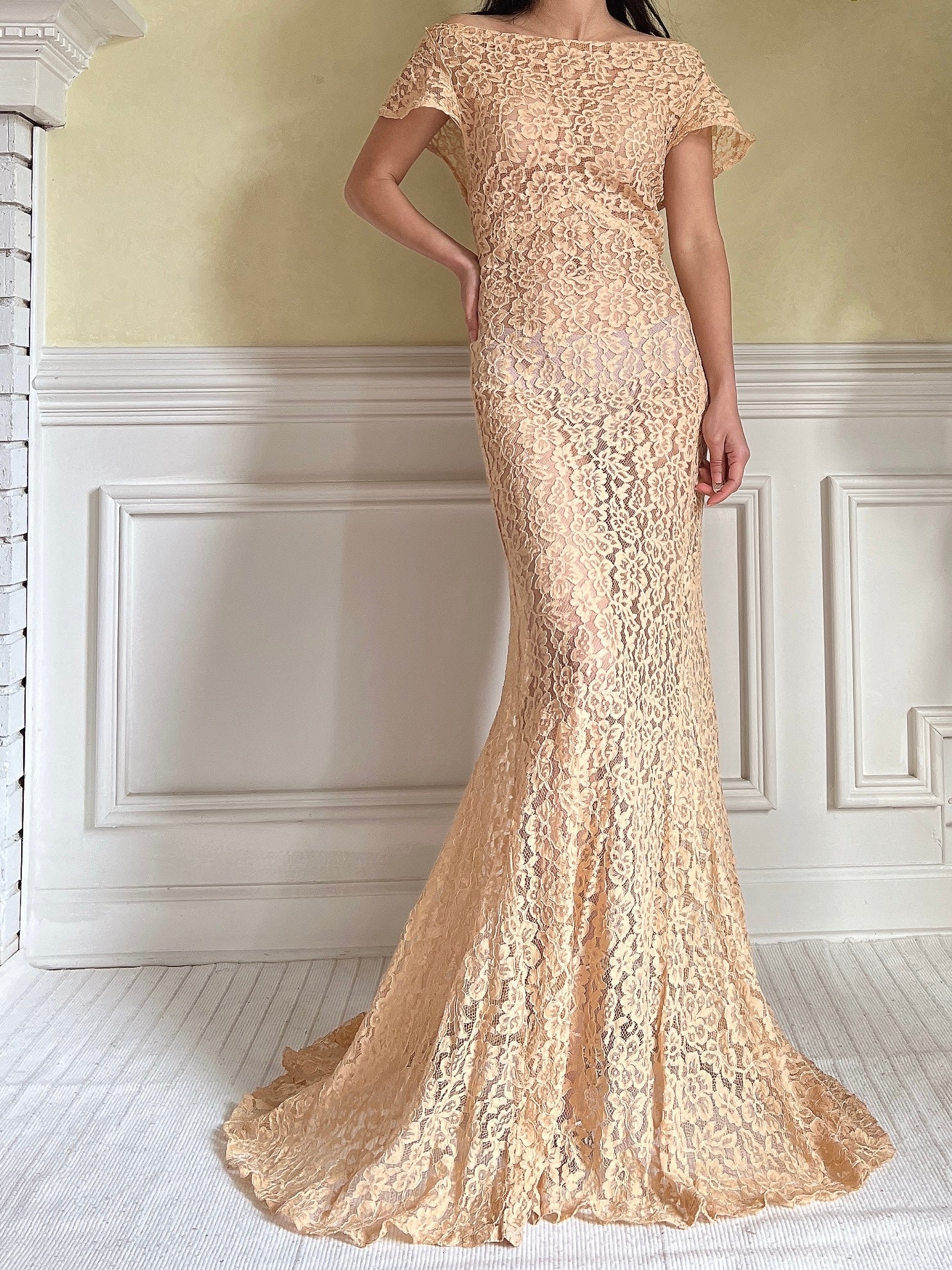 1930s Peach Lace Gown - S