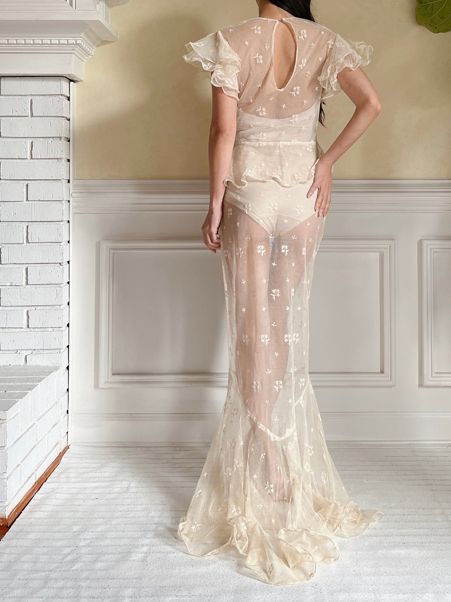 1930s Tulle Embroidered Gown - S