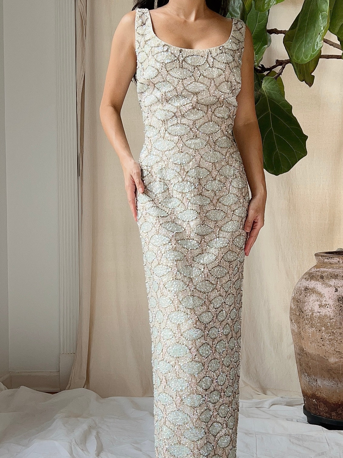 1960s Bruce Arnold Hand-Beaded Sequins Gown - M