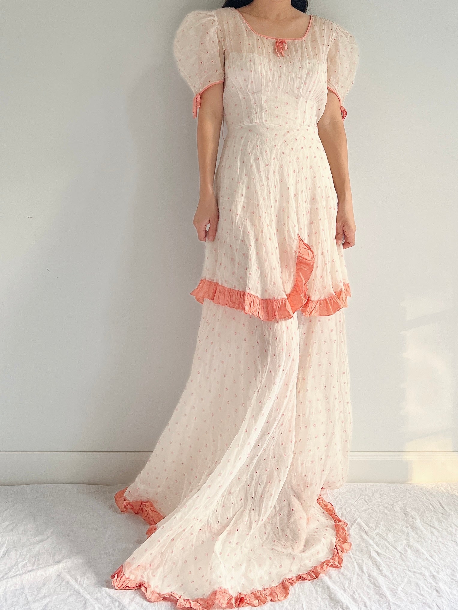 1930s Embroidered Organdy Dress - S