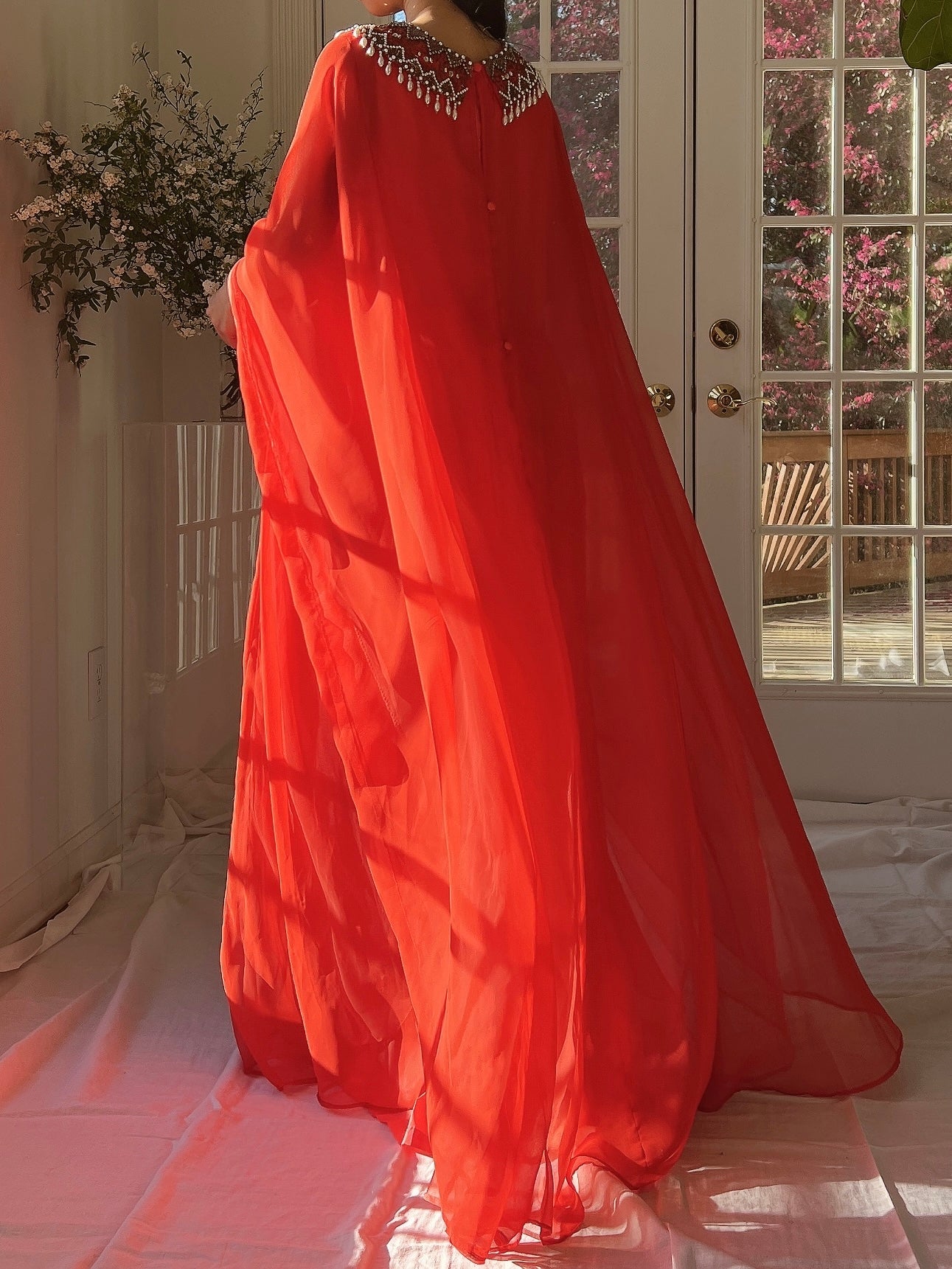 1960s Coral Red Chiffon Kaftan Dress - L