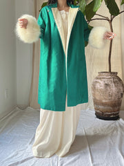 1960s Emerald Silk Satin Fox Cuff Coat - OSFM