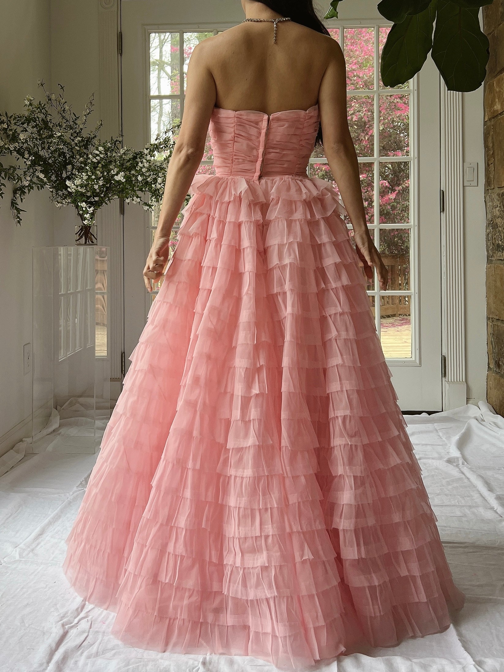 1950s Pink Ruffled Tiered Dress - XS