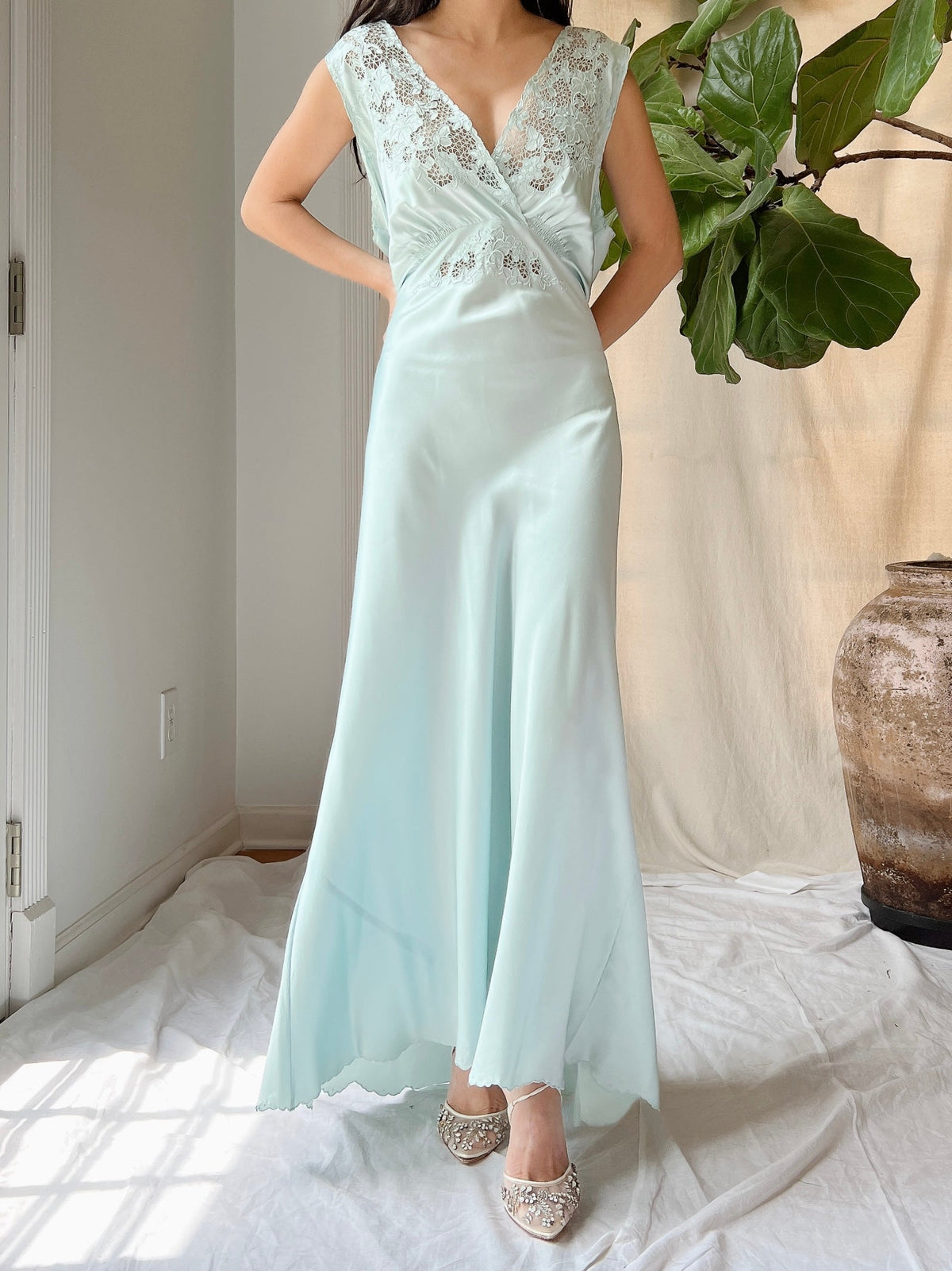 1940s Light Blue Silk Cutout Slip Dress - M