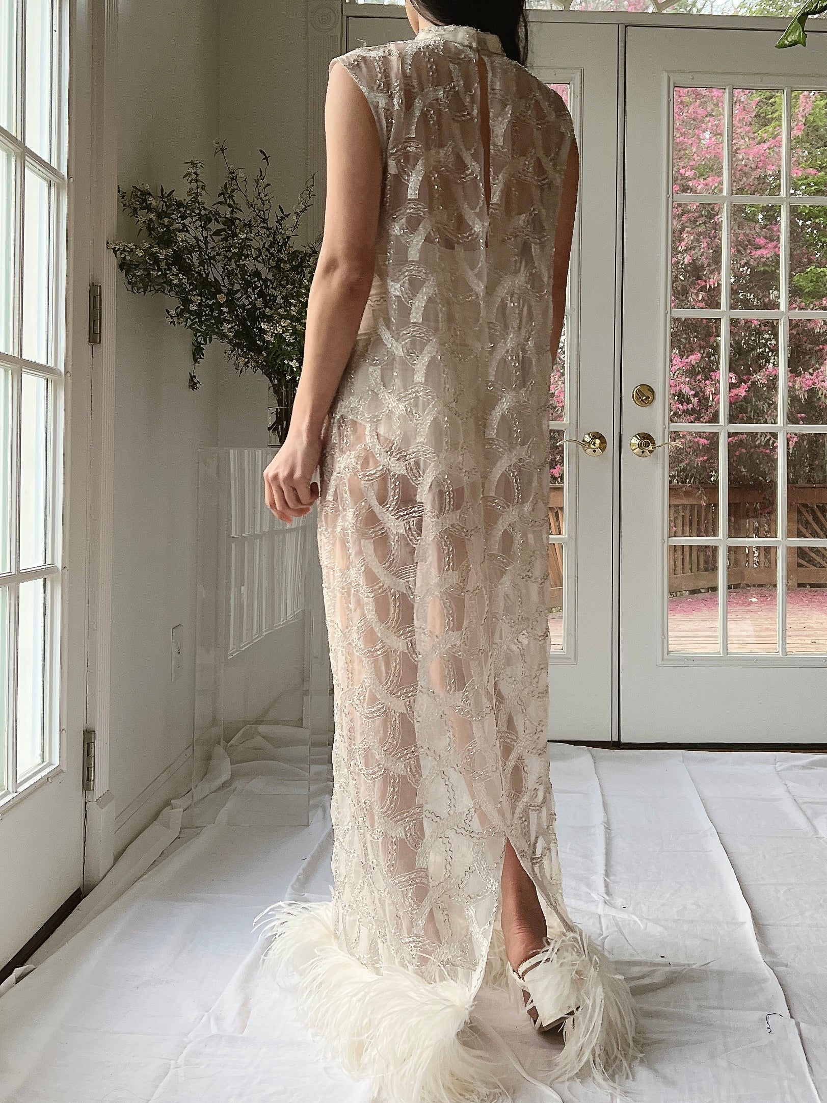 1960s Beaded Organza Dress with Feathers - S-L