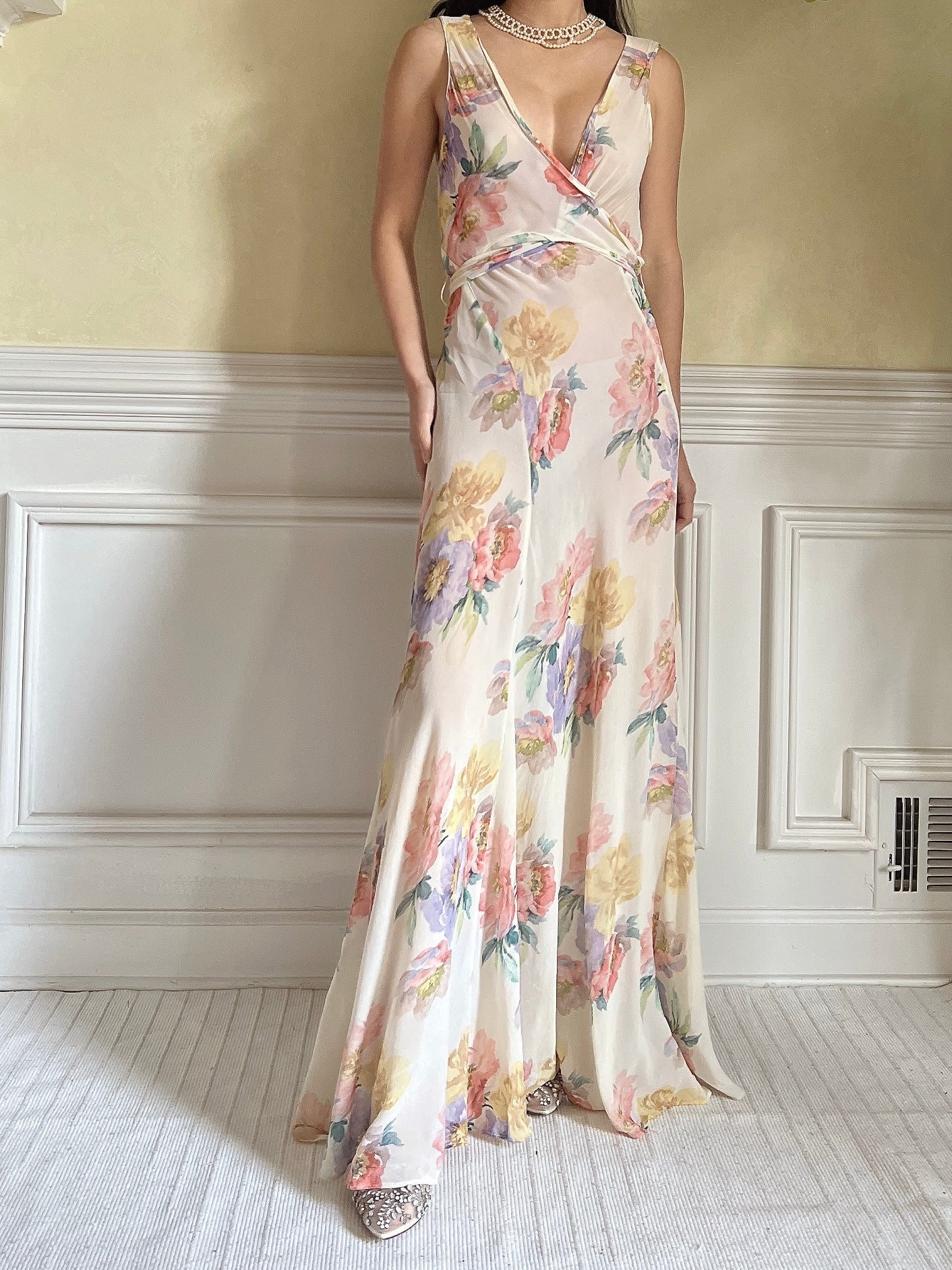 1930s Floral Rayon Chiffon Dress - S