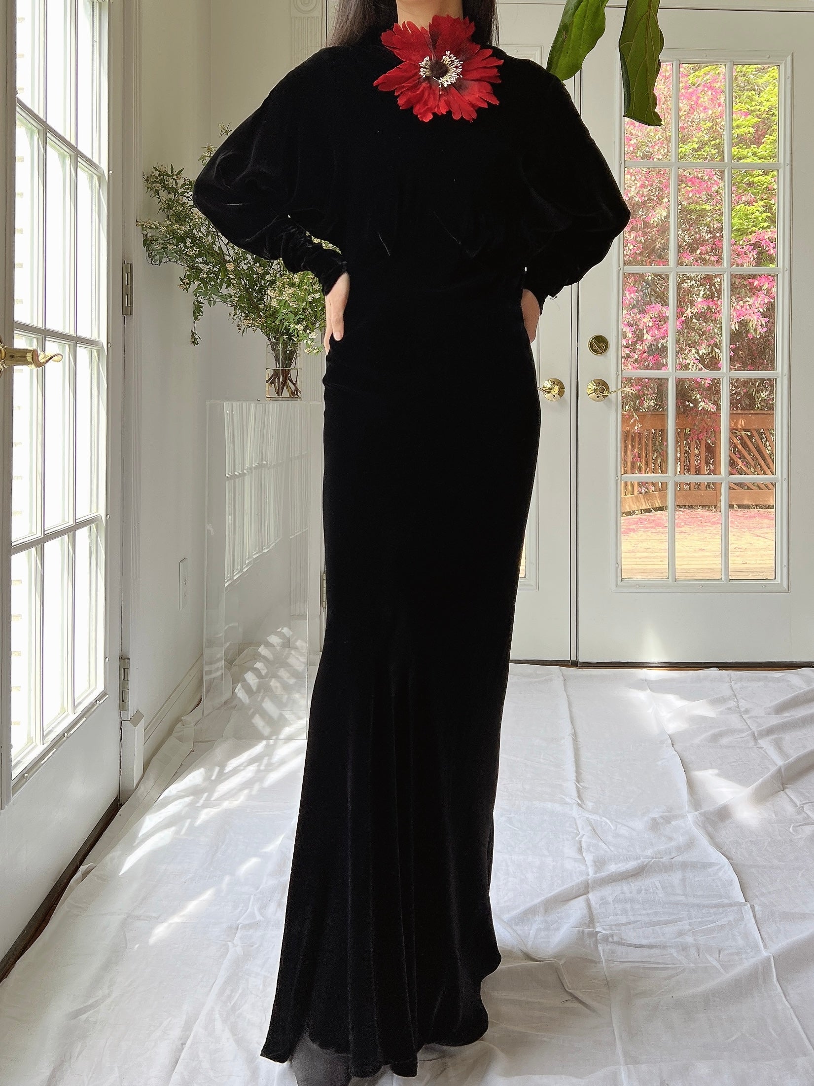 1930s Silk Velvet Dolman Sleeve Gown - XS/S