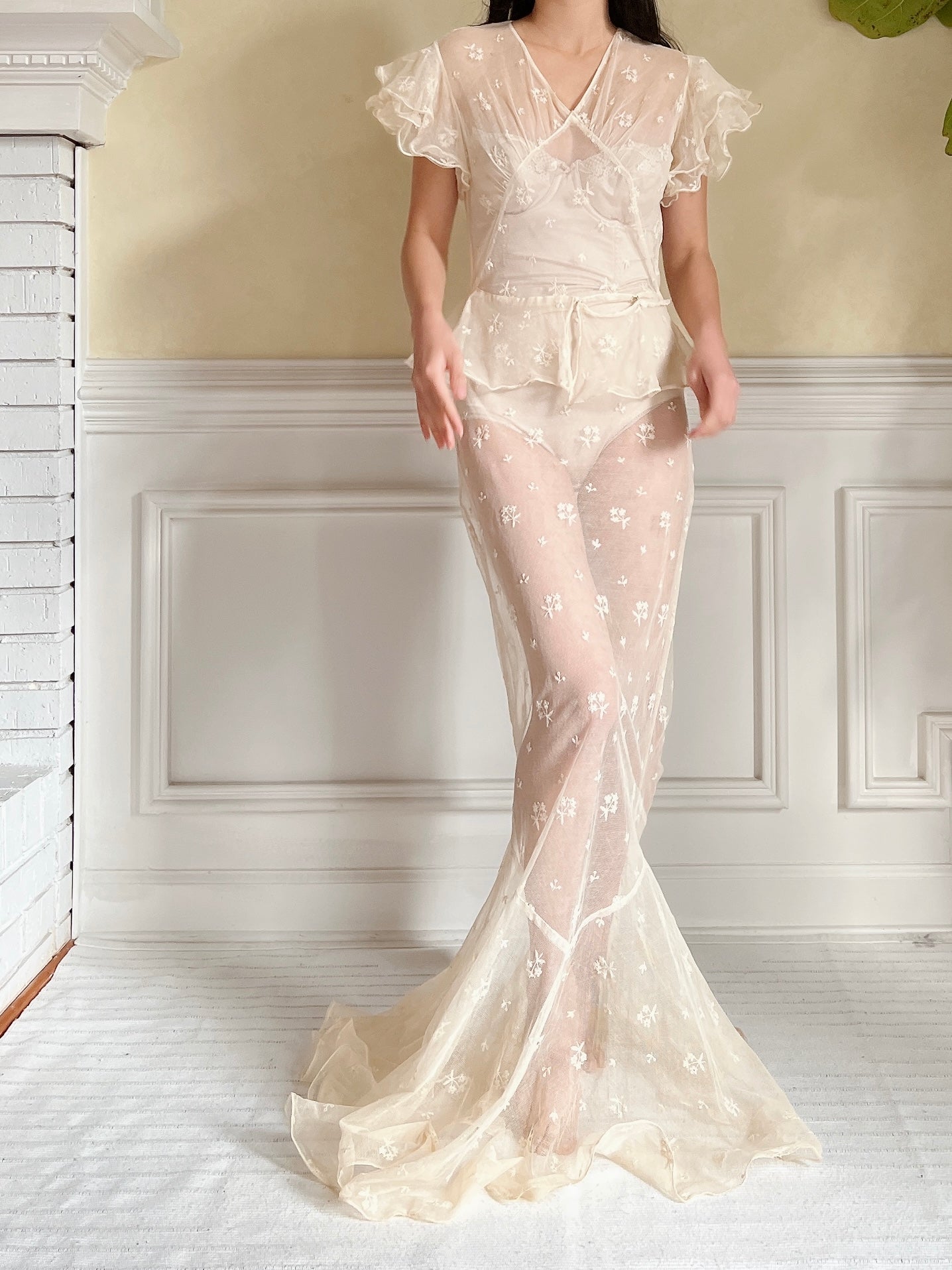 1930s Tulle Embroidered Gown - S