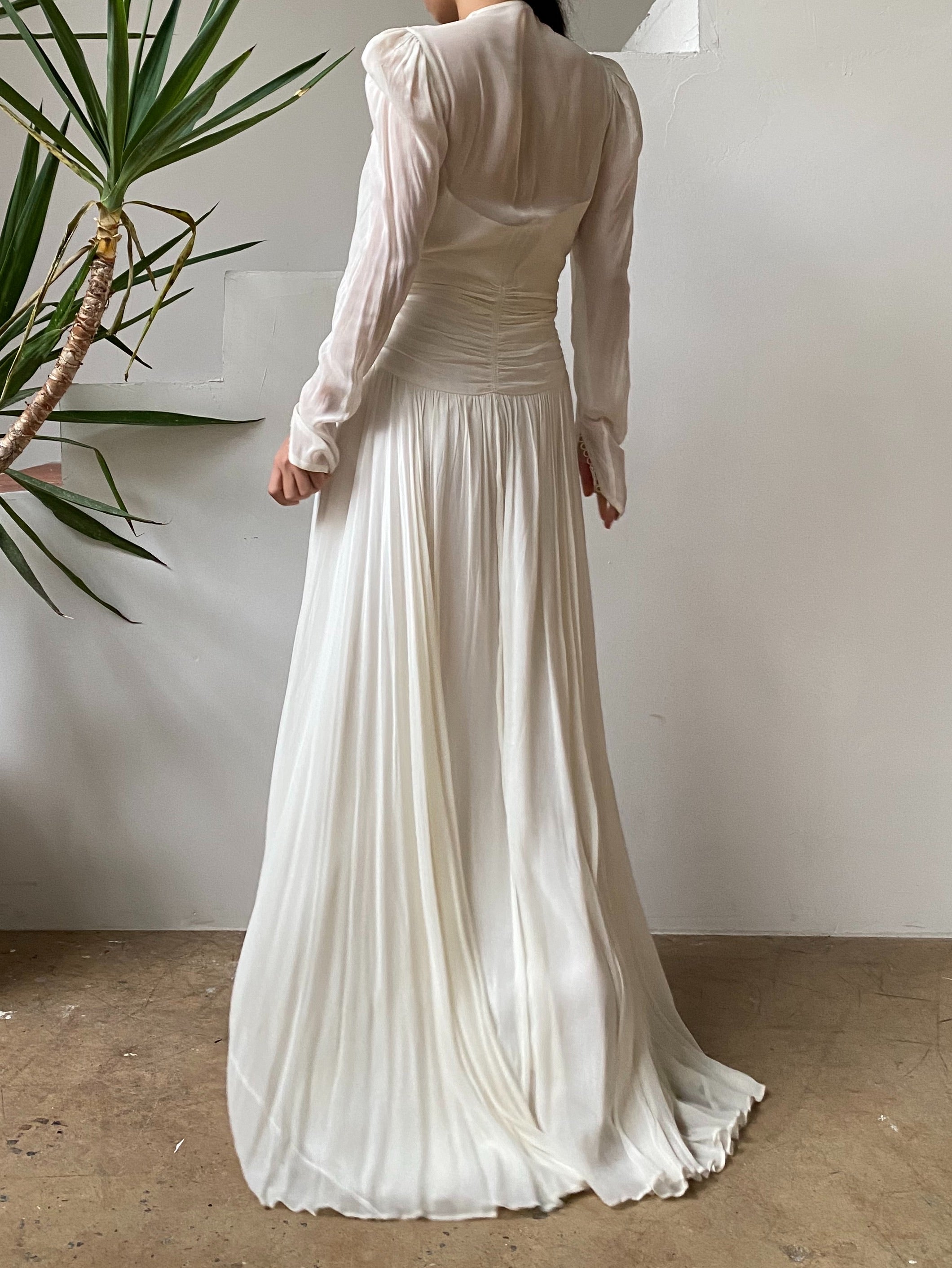 1940s Ruche Long Sleeve Chiffon Gown- S