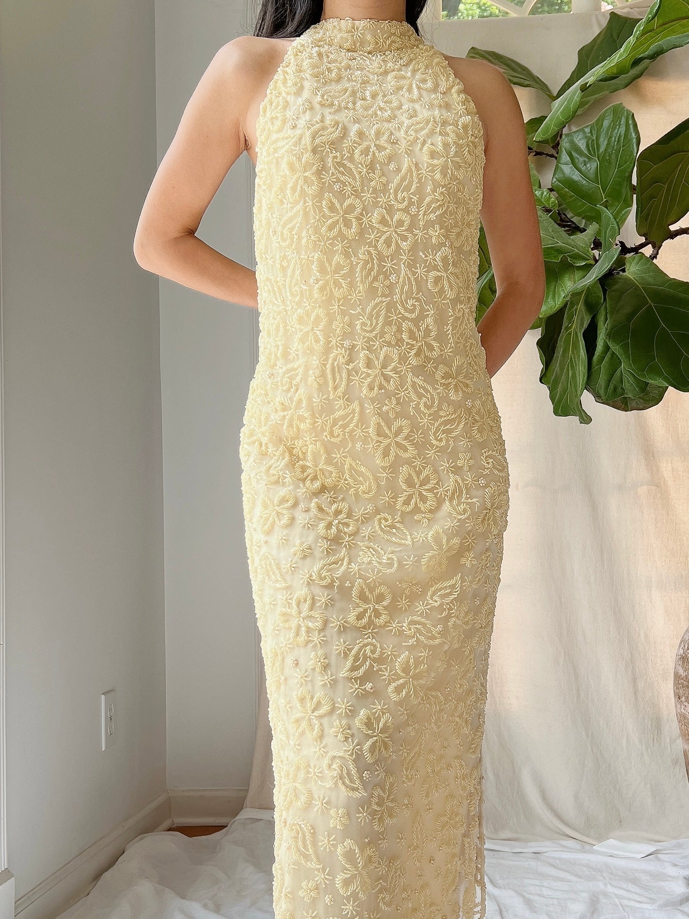 1960s Butter Yellow Beaded Tulle Dress - M