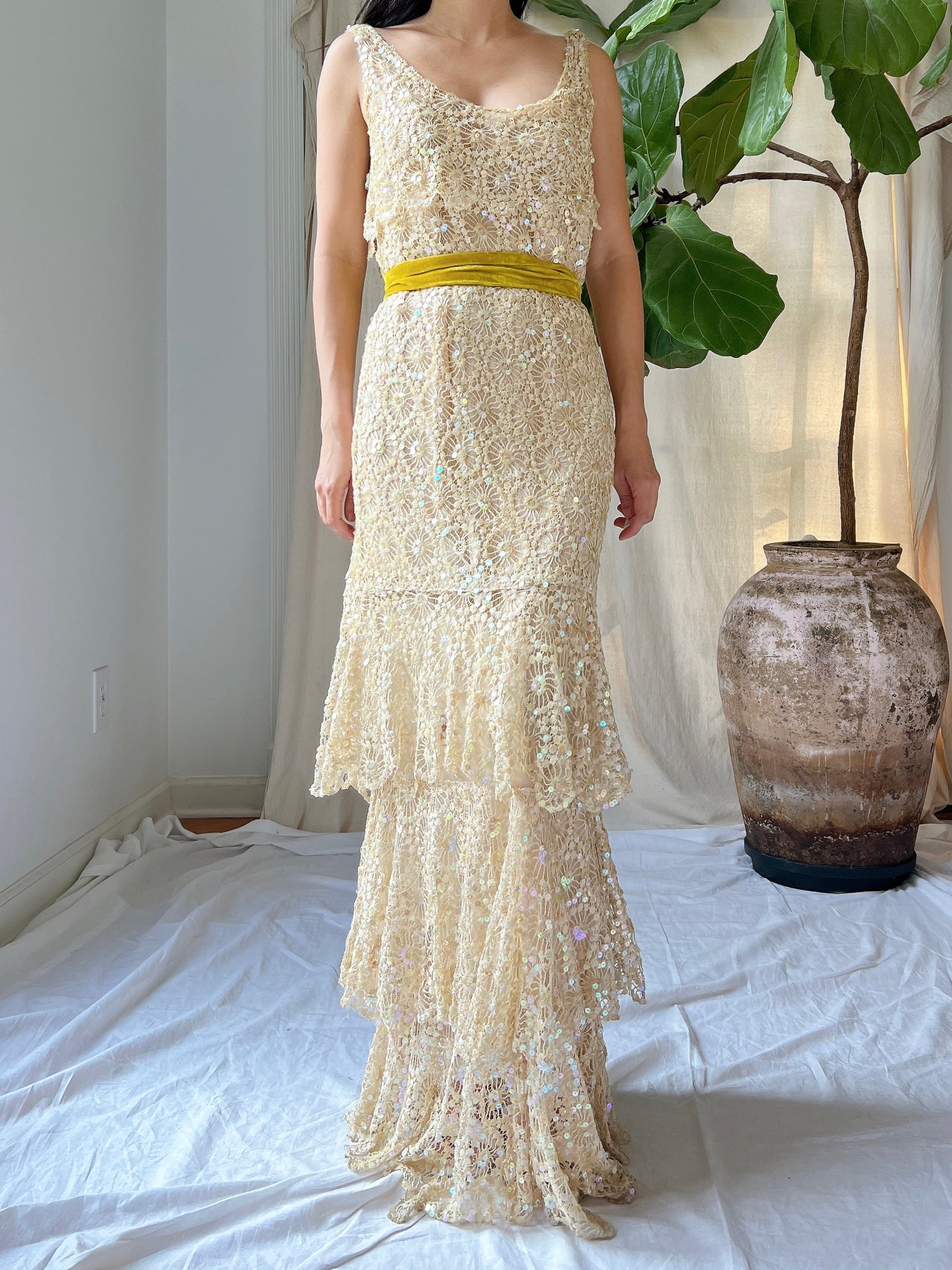 1930s Sequins Lace Gown - S