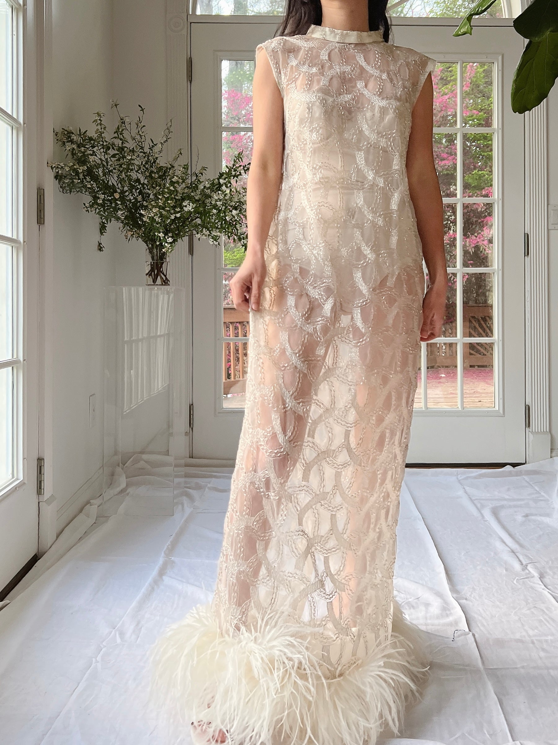 1960s Beaded Organza Dress with Feathers - S-L
