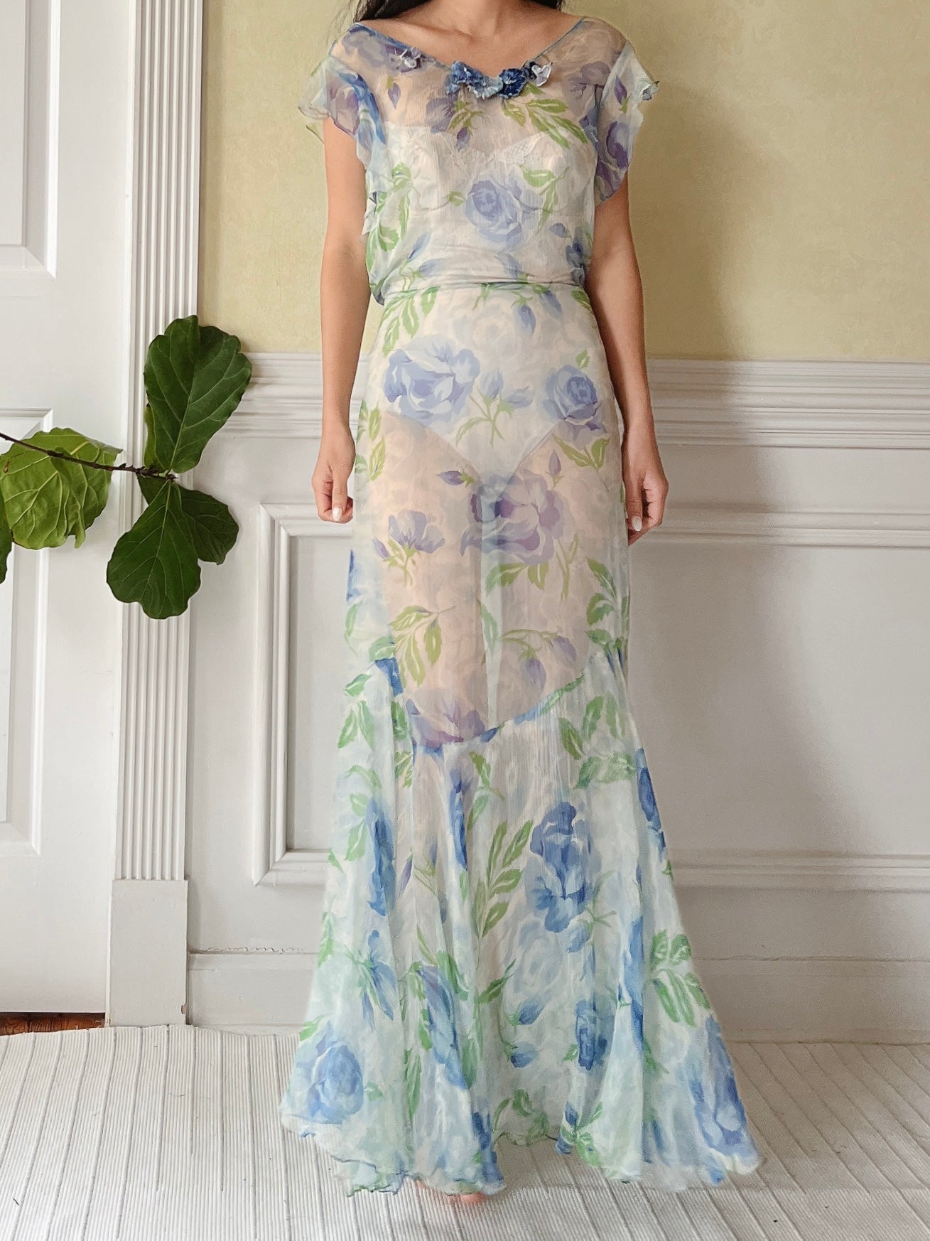 1930s Blue Floral Silk Dress - M