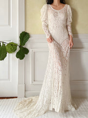 1930s Puff Sleeves Lace Wedding Gown - S