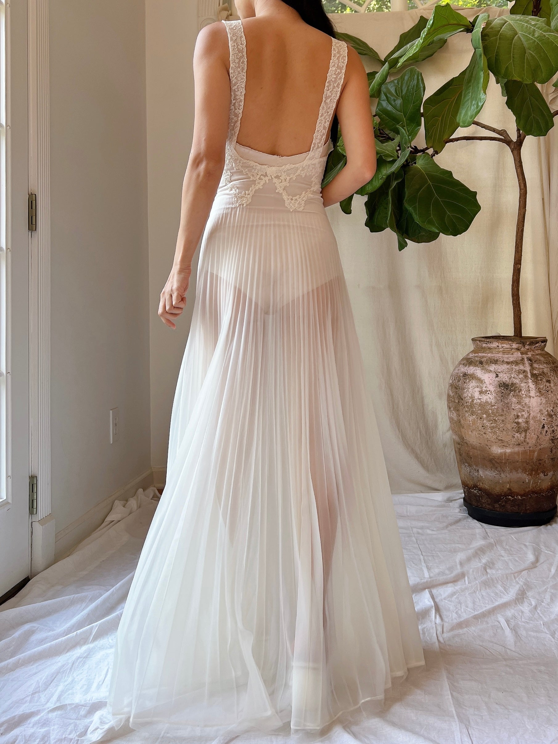 1940s Crystal Pleated Nylon Sheer Slip Dress - XS