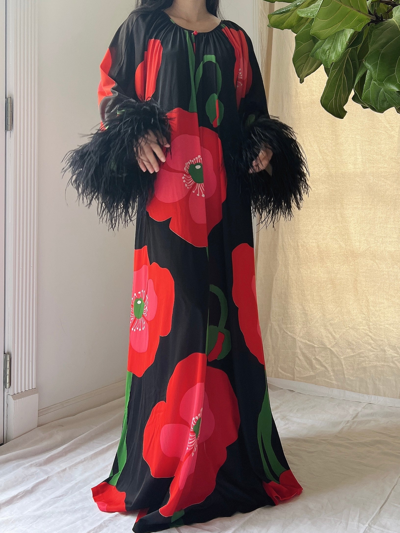 1960s Feather Nylon Poppy Caftan - OSFM