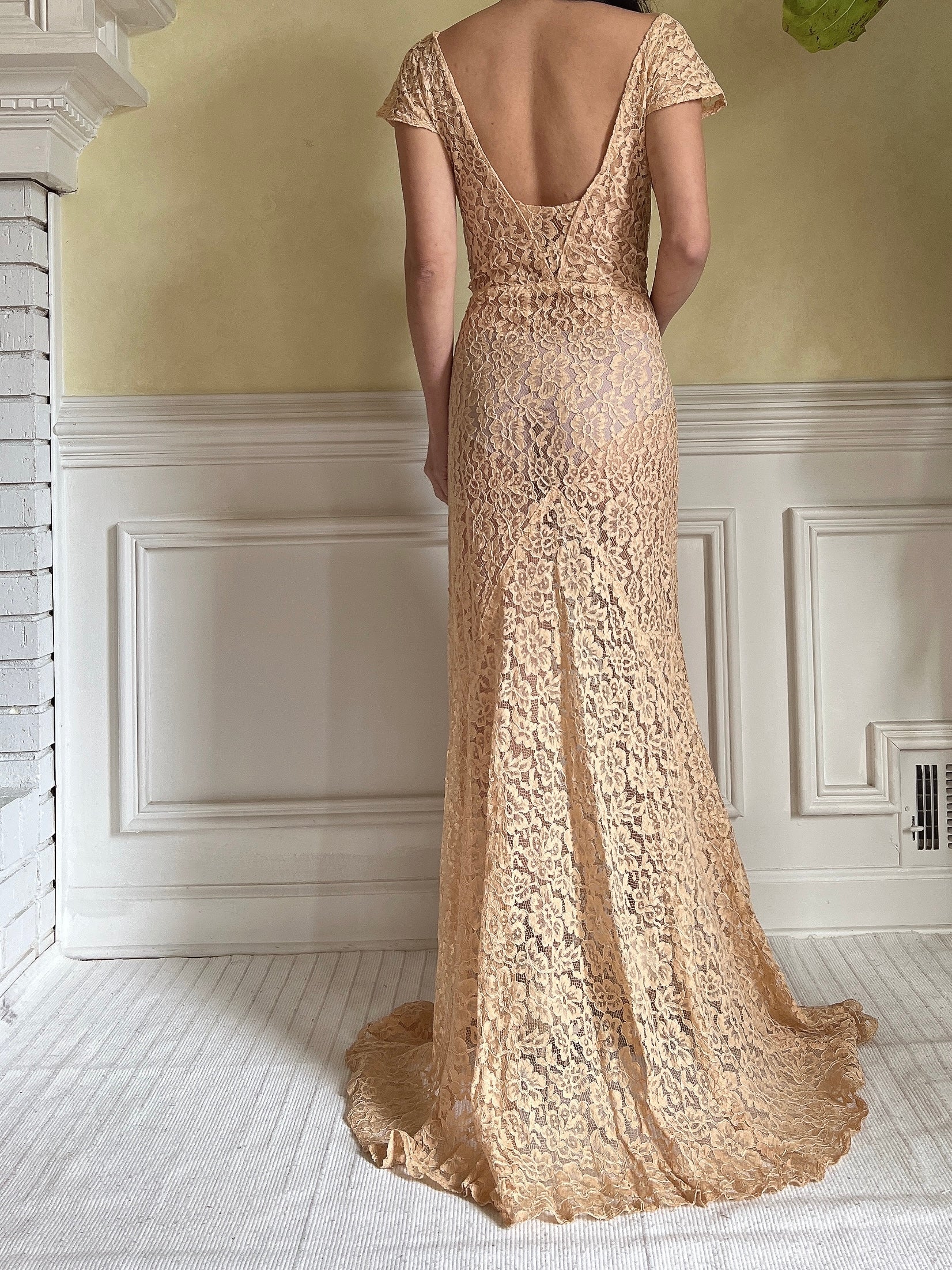 1930s Peach Lace Gown - S