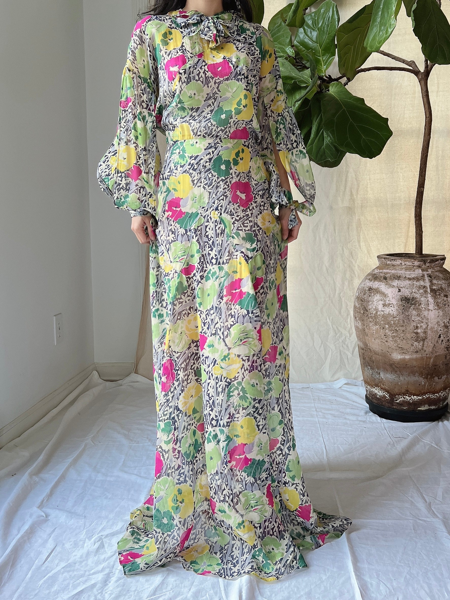 1930s Silk Chiffon Floral Gown - M
